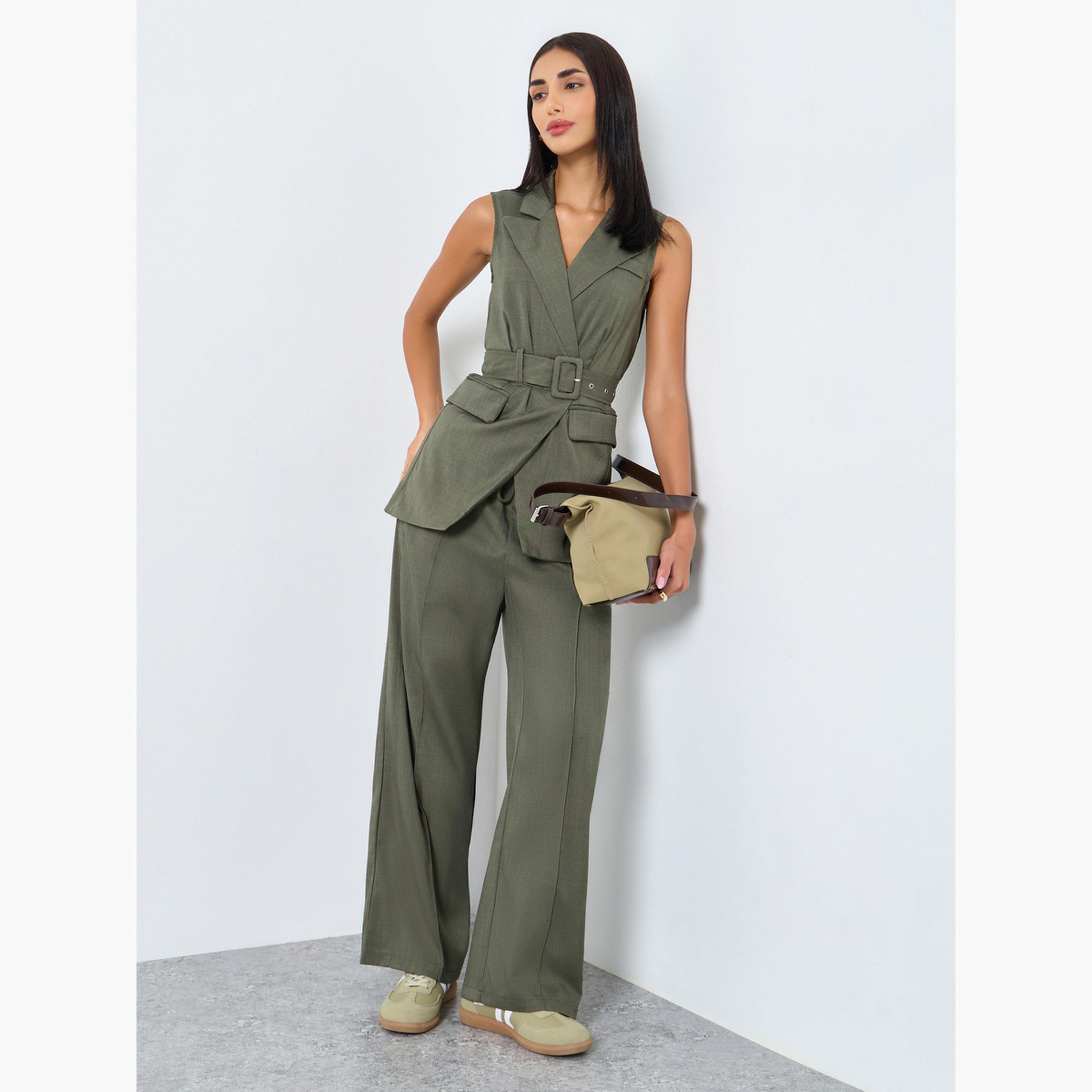 ستايلي - سترة طويلة بدون أكمام بحزام لون زيتوني-women-winterwear-coatsandjackets-waistcoats-image-2