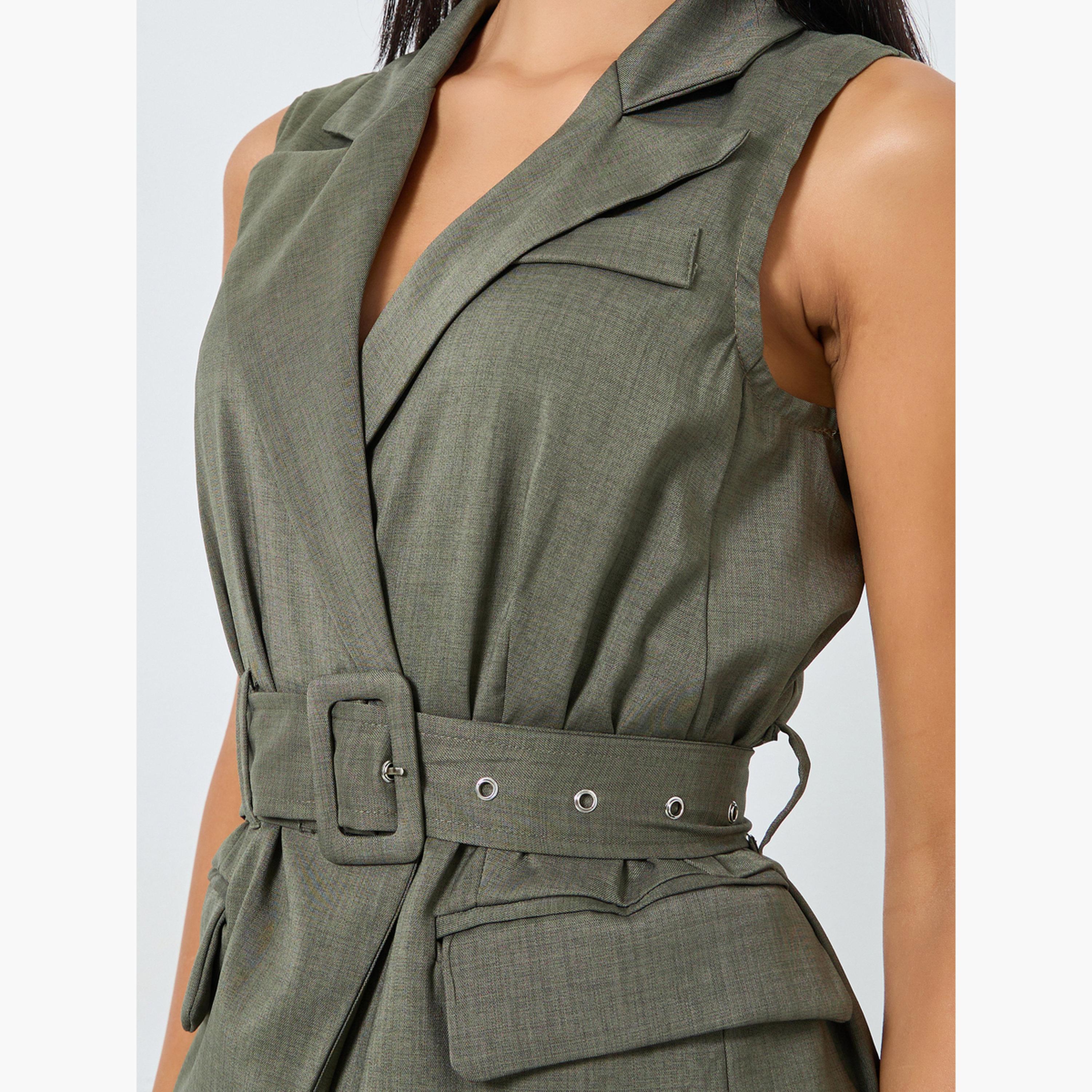 ستايلي - سترة طويلة بدون أكمام بحزام لون زيتوني-women-winterwear-coatsandjackets-waistcoats-image-3