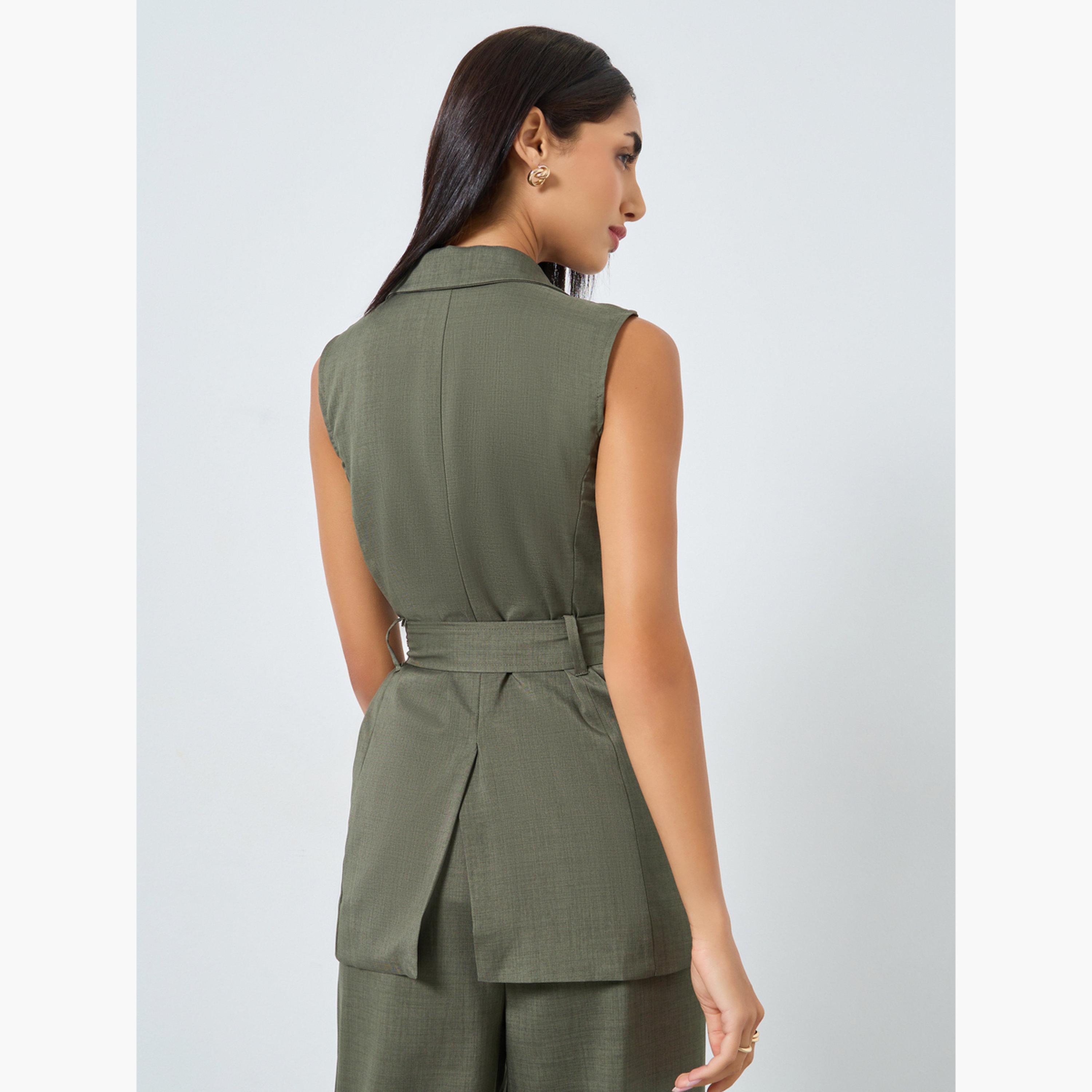 ستايلي - سترة طويلة بدون أكمام بحزام لون زيتوني-women-winterwear-coatsandjackets-waistcoats-image-4
