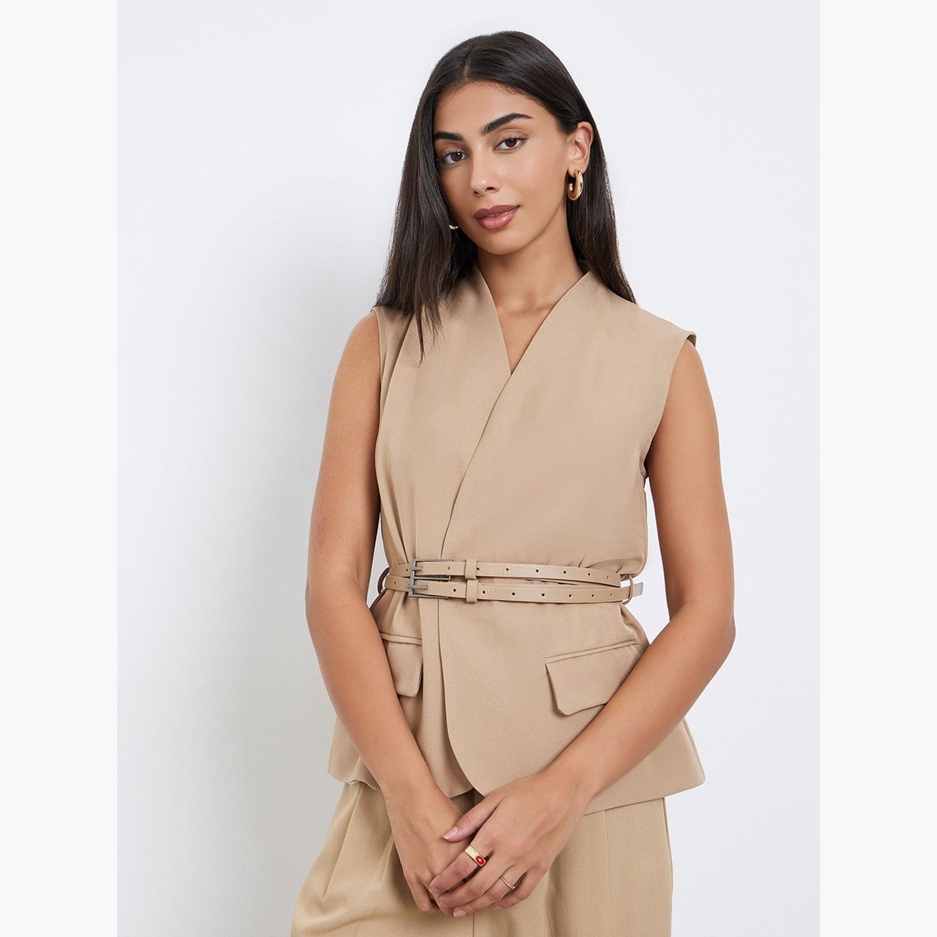 ستايلي - صدرية للنساء بنية اللون بدون أكمام مع حزام-women-clothing-coatsandjackets-waistcoats-image-1