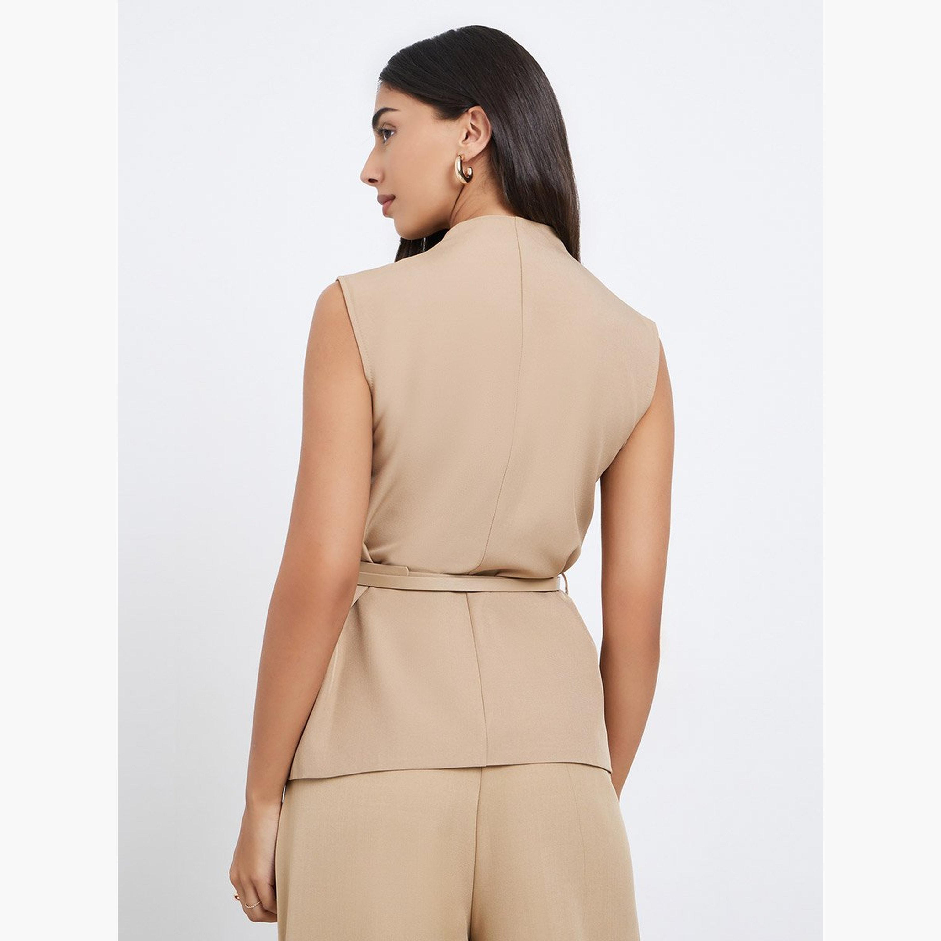 ستايلي - صدرية للنساء بنية اللون بدون أكمام مع حزام-women-clothing-coatsandjackets-waistcoats-image-4
