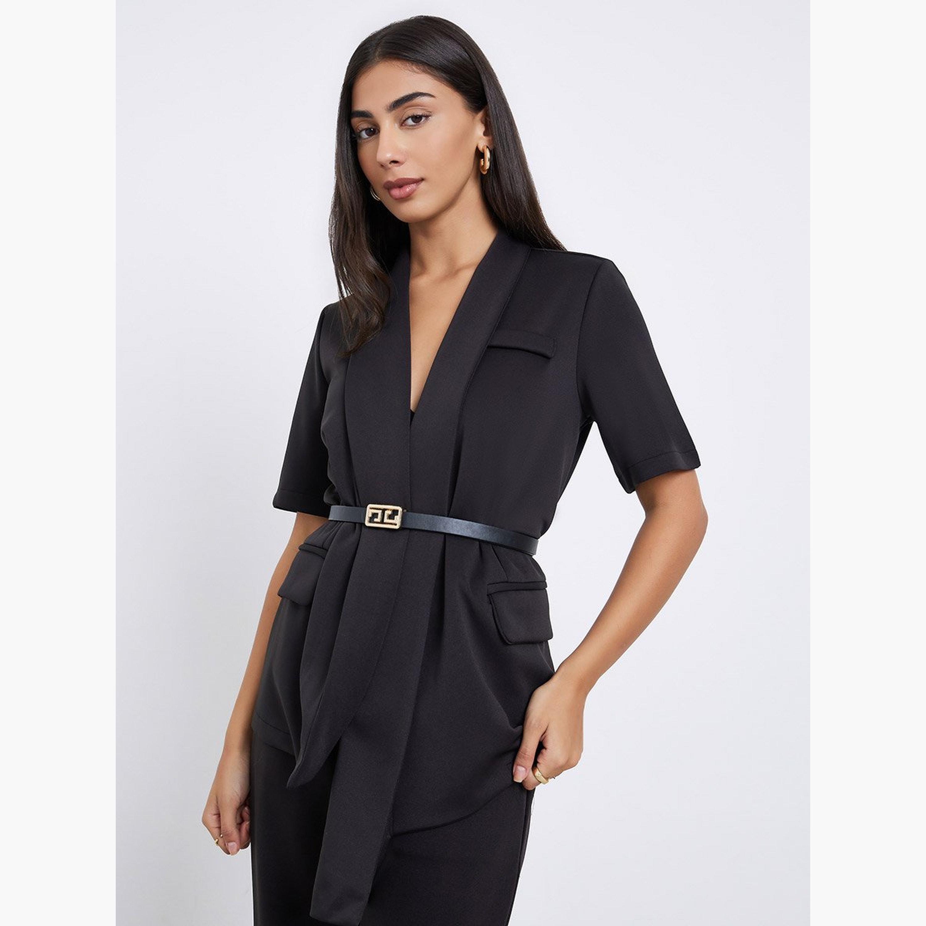 Styli Black Longline Belted Blazer with Shawl Collar-women-clothing-shirtsandblouses-blouses-image-1
