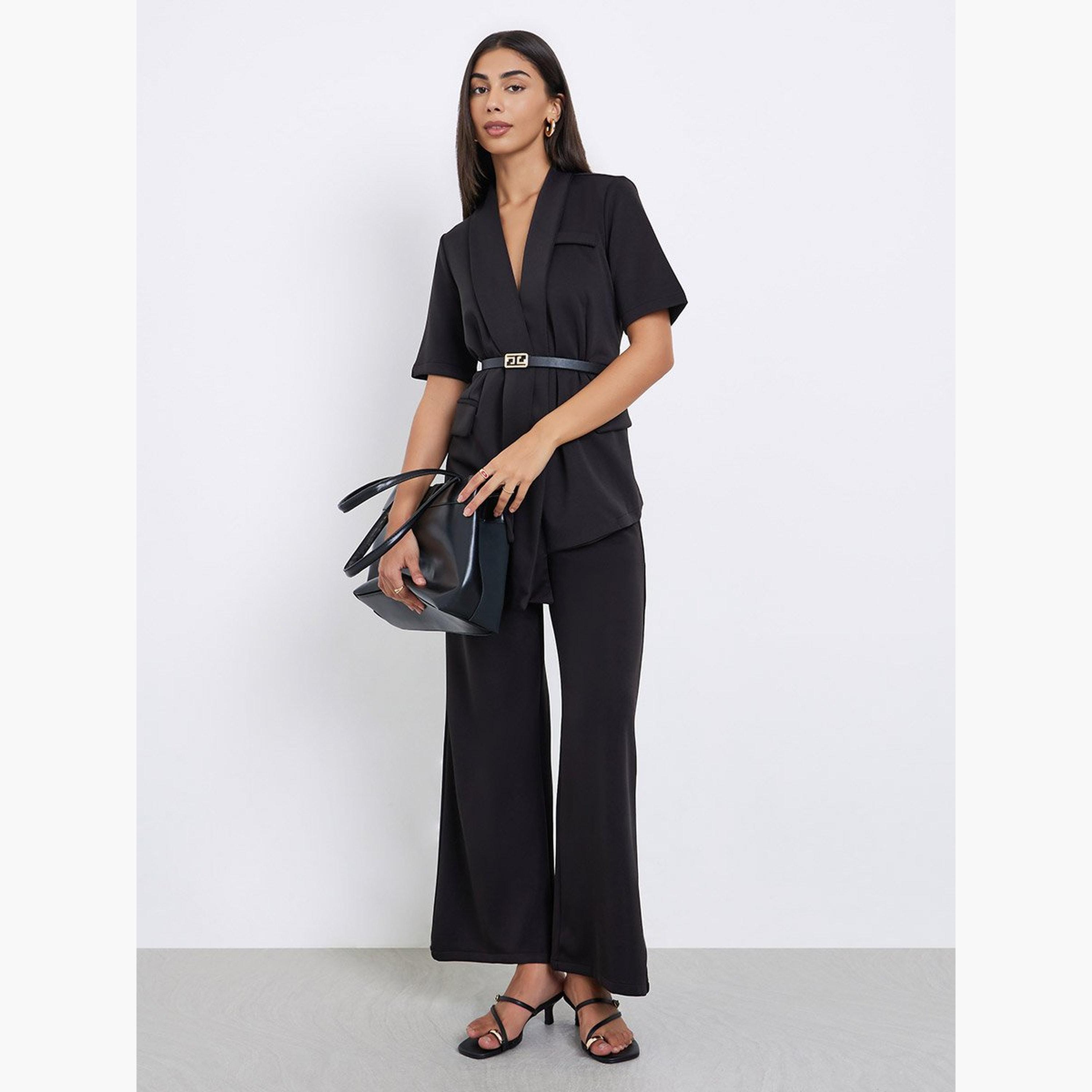Styli Black Longline Belted Blazer with Shawl Collar-women-clothing-shirtsandblouses-blouses-image-2