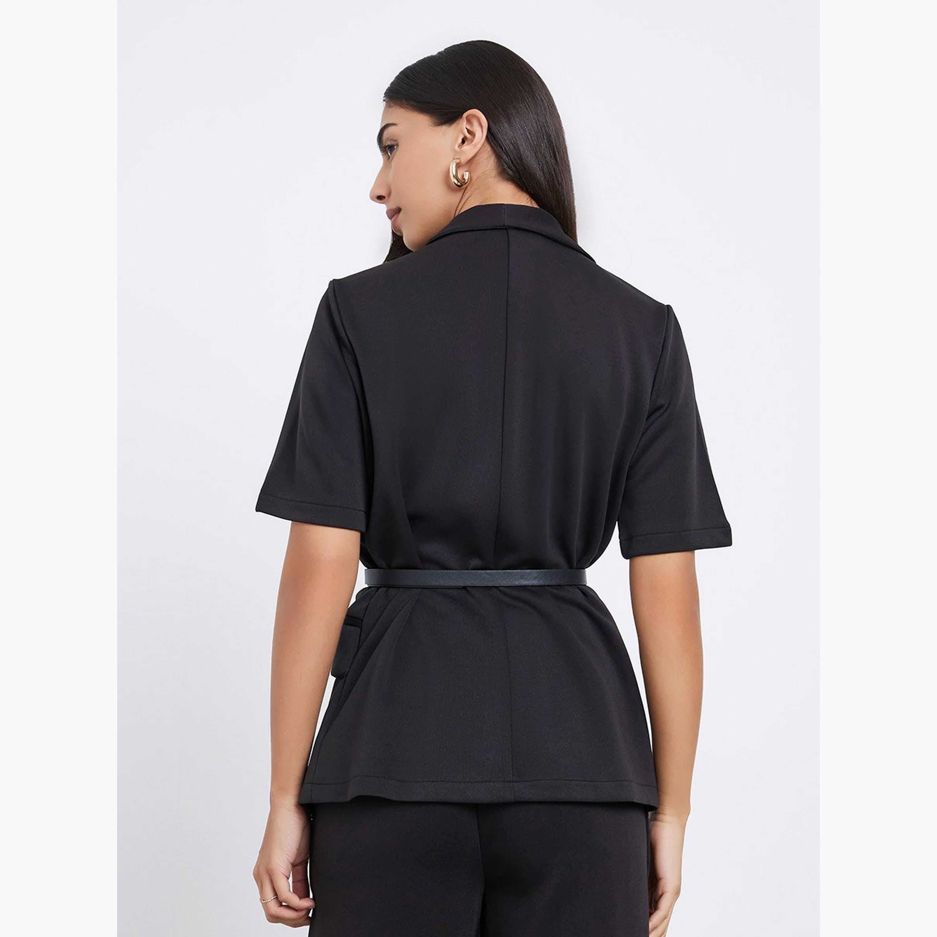 Styli Black Longline Belted Blazer with Shawl Collar-women-clothing-shirtsandblouses-blouses-image-4