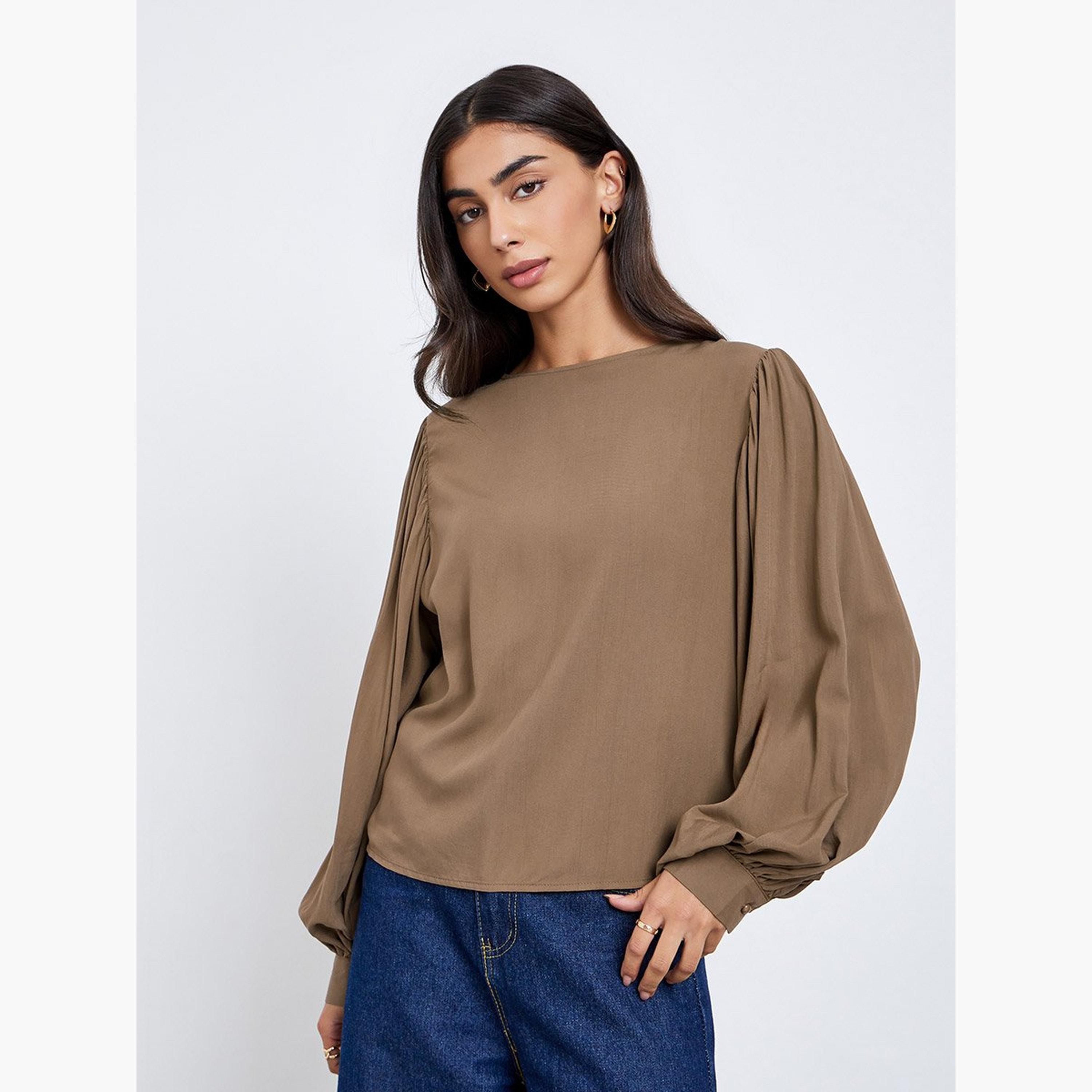 ستايلي - بلوزة بنية بأكمام منفوخة-women-clothing-shirtsandblouses-blouses-image-1