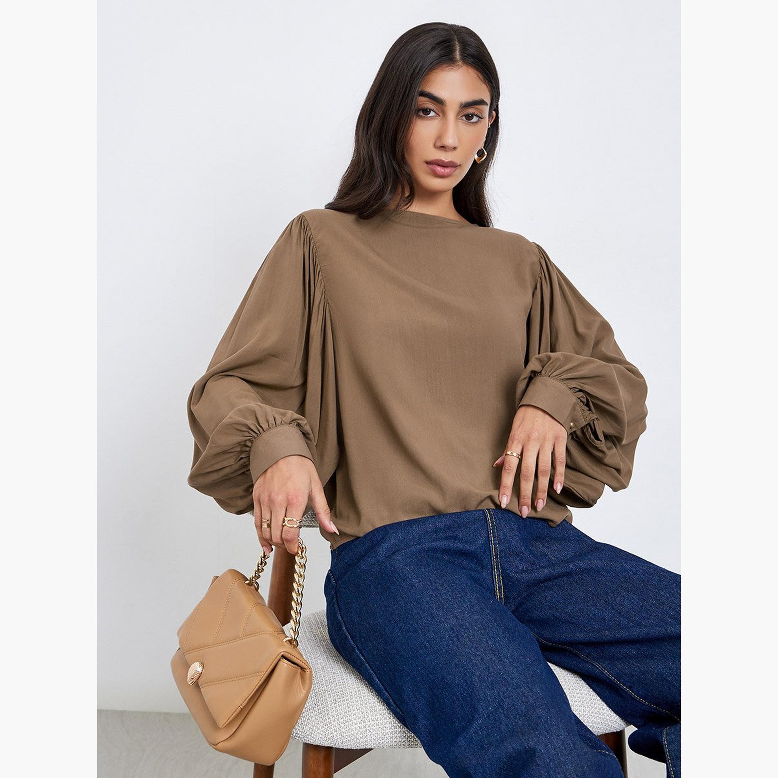 Styli Brown Balloon Sleeve Blouse-women-clothing-shirtsandblouses-blouses-image-3