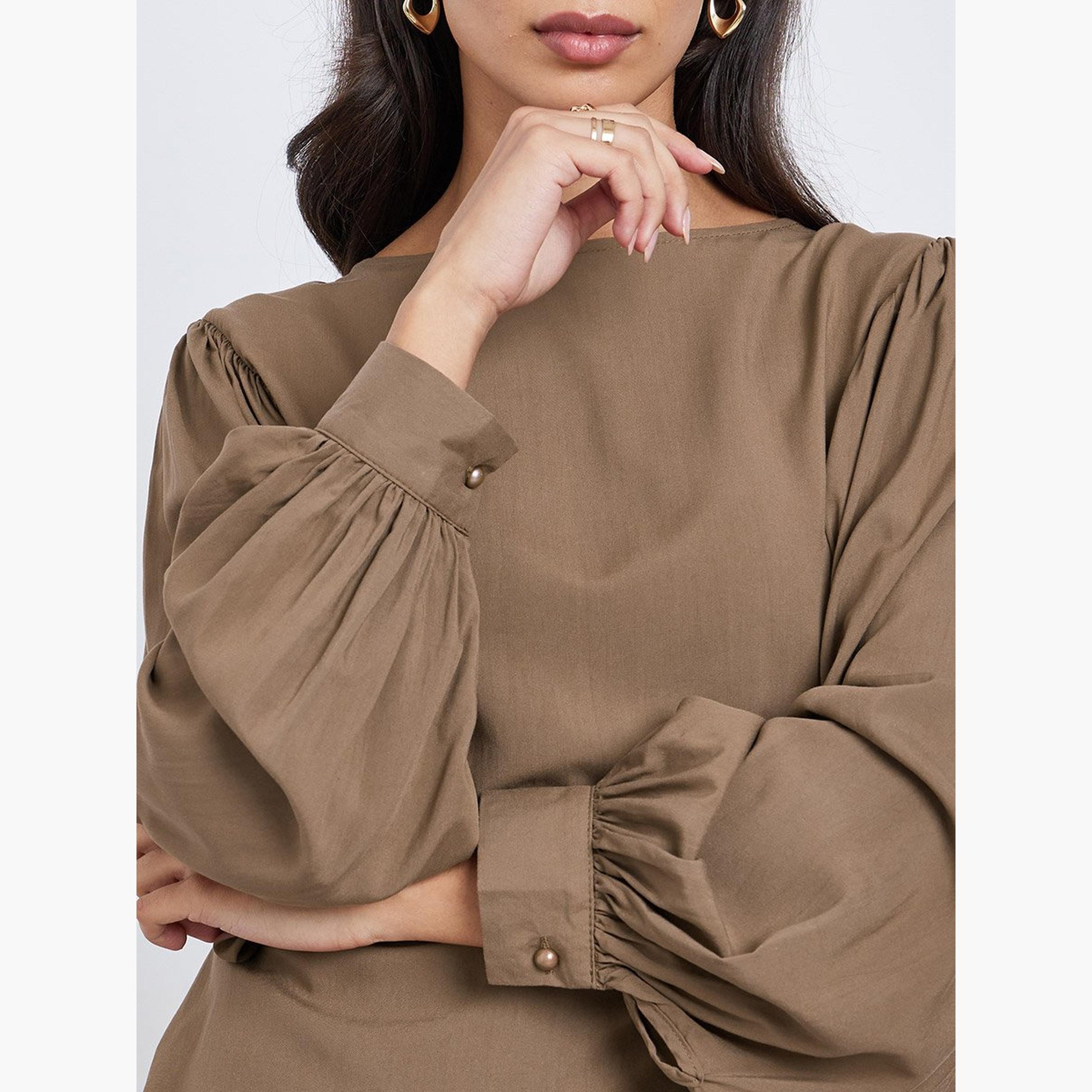 ستايلي - بلوزة بنية بأكمام منفوخة-women-clothing-shirtsandblouses-blouses-image-4