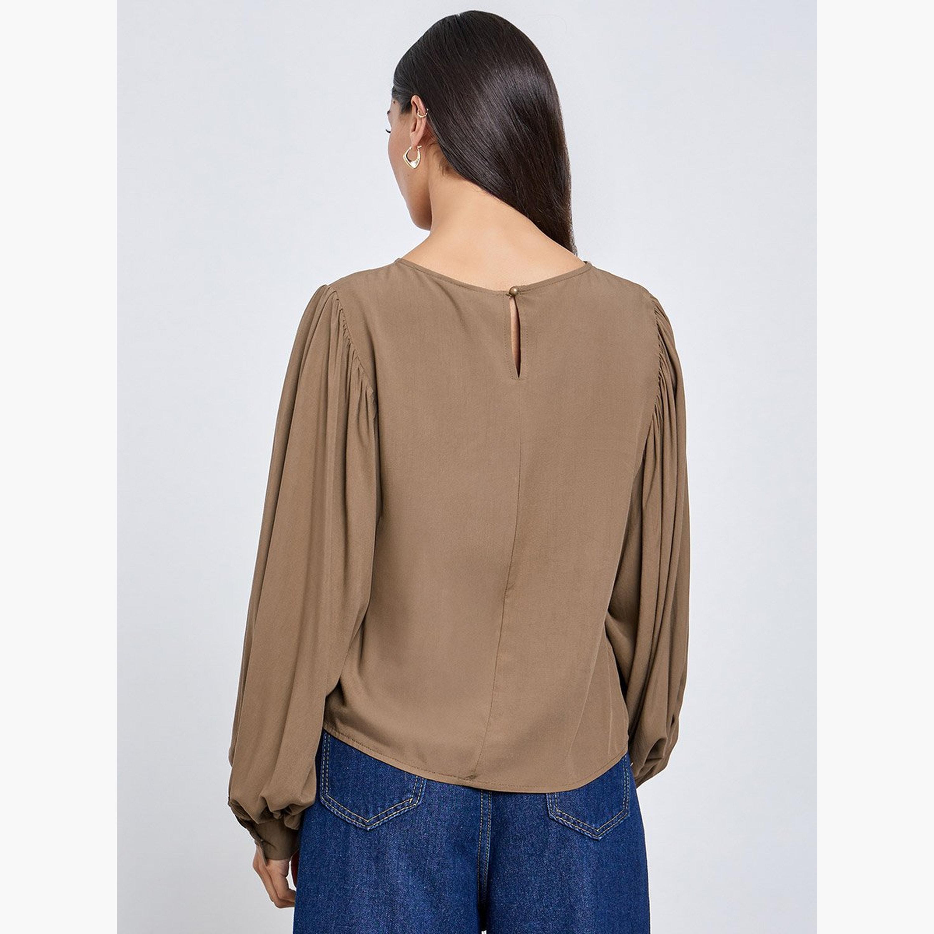 ستايلي - بلوزة بنية بأكمام منفوخة-women-clothing-shirtsandblouses-blouses-image-5