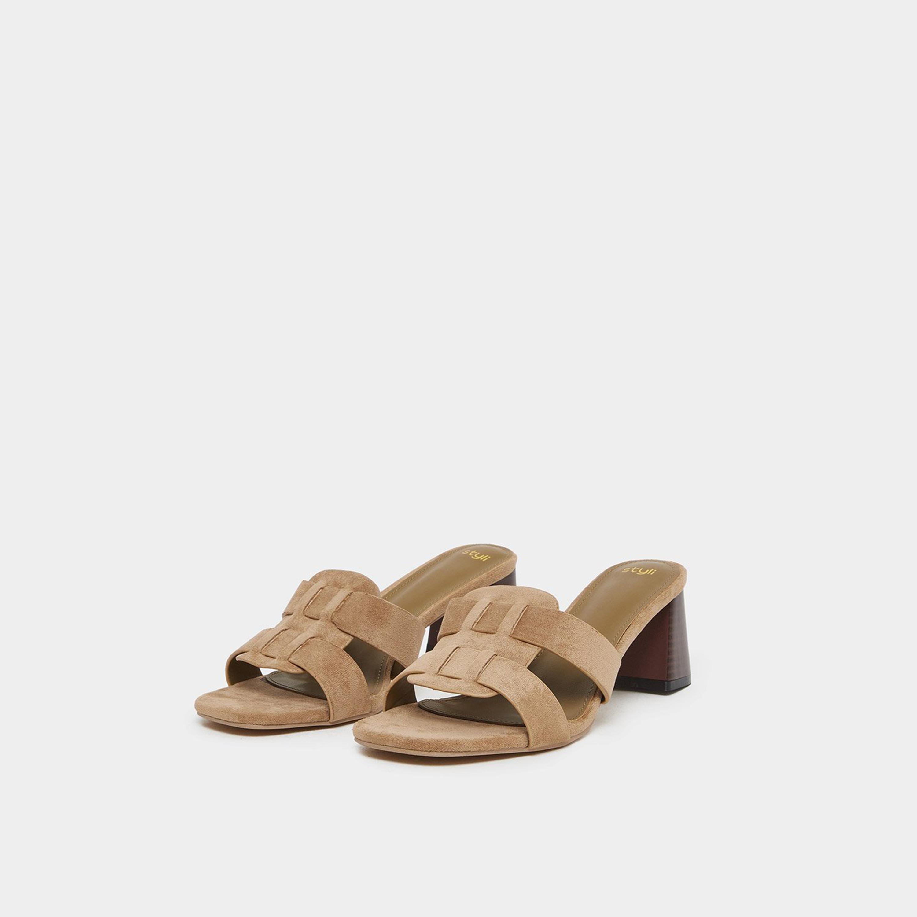 Styli Women Khaki Suede Look Block Heel Sandals-women-shoes-heels-image-1