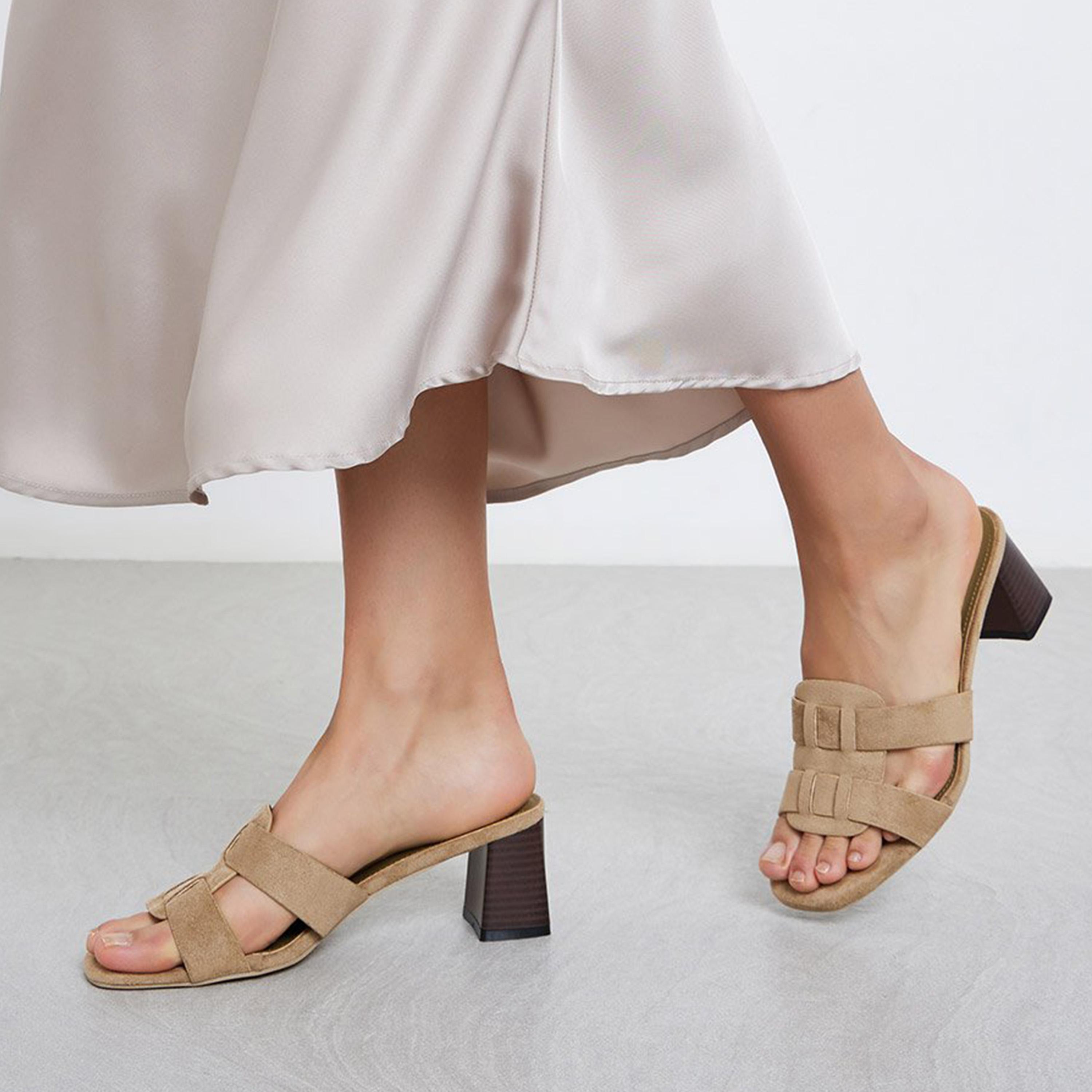 Styli Women Khaki Suede Look Block Heel Sandals-women-shoes-heels-image-2