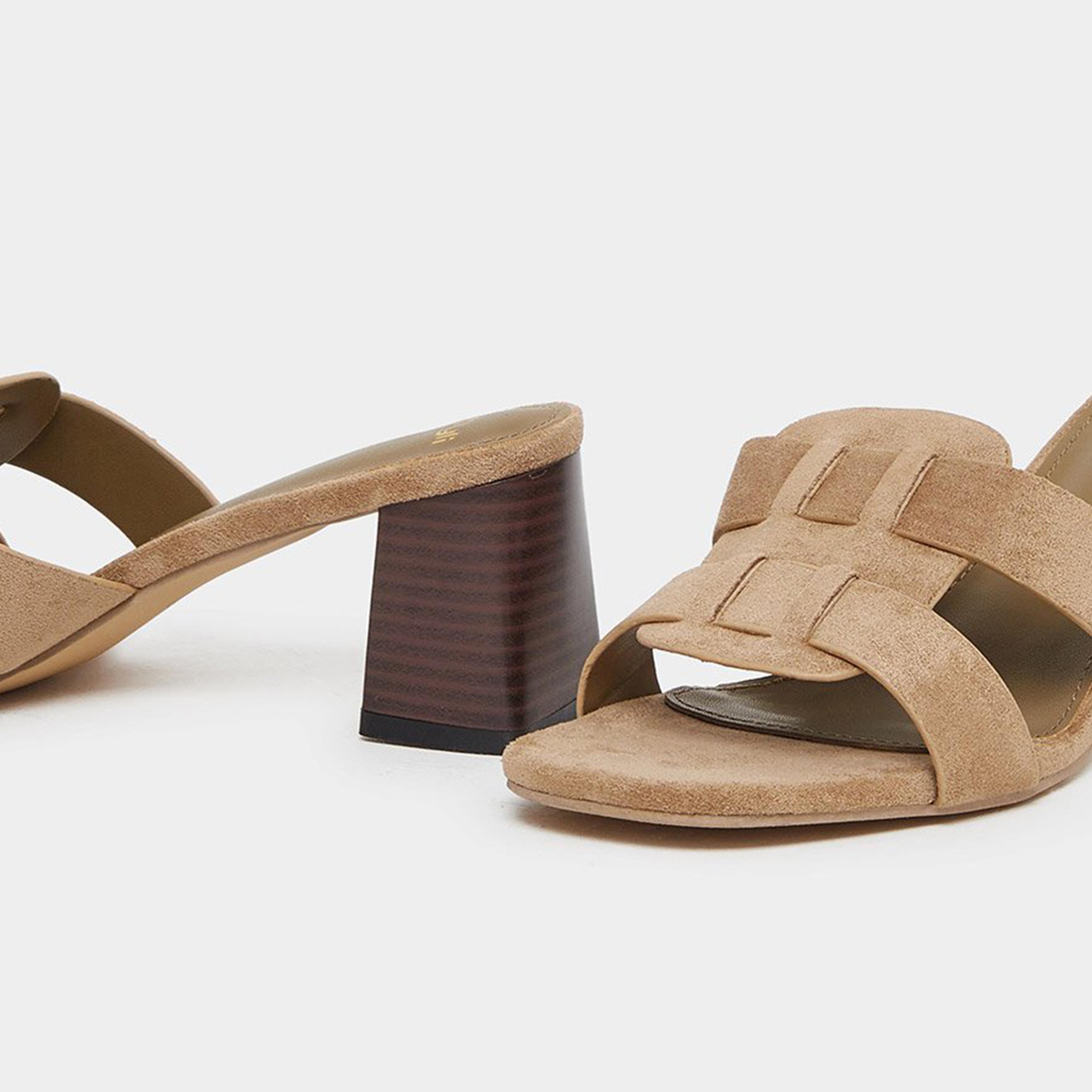 Styli Women Khaki Suede Look Block Heel Sandals-women-shoes-heels-image-4