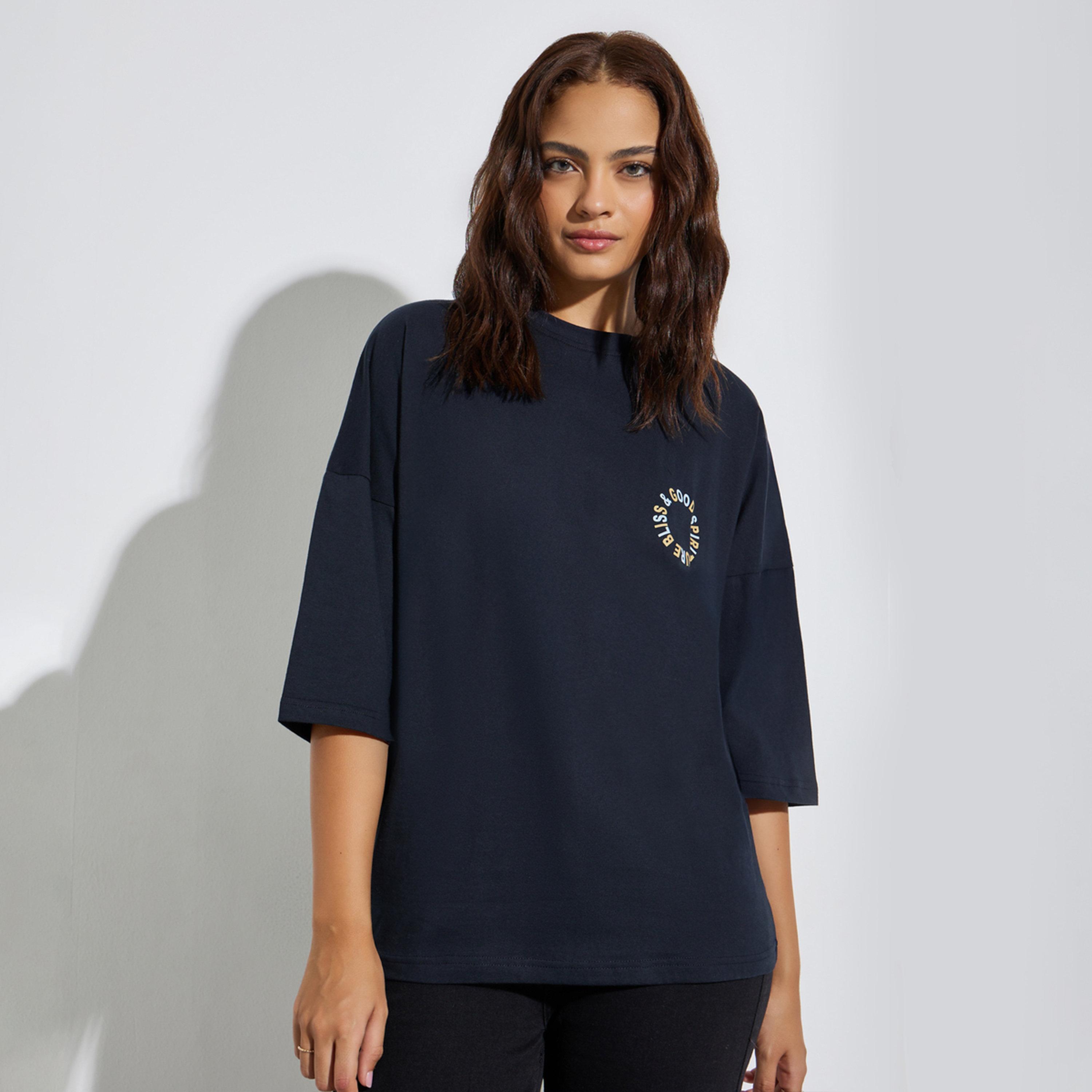 Styli Navy Blue Slogan Print Oversized Cotton T-Shirt-women-clothing-tshirts-image-1