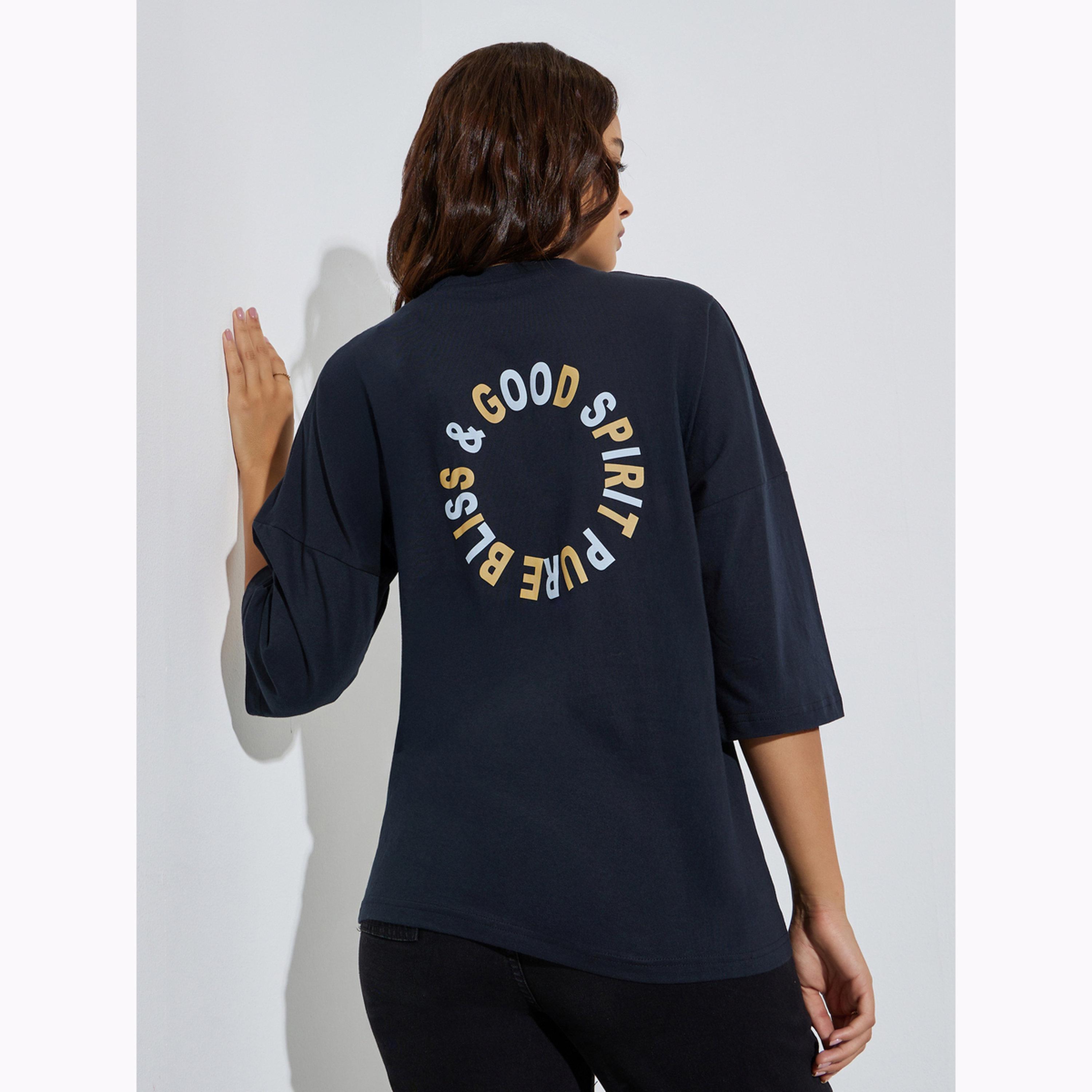 Styli Navy Blue Slogan Print Oversized Cotton T-Shirt-women-clothing-tshirts-image-4