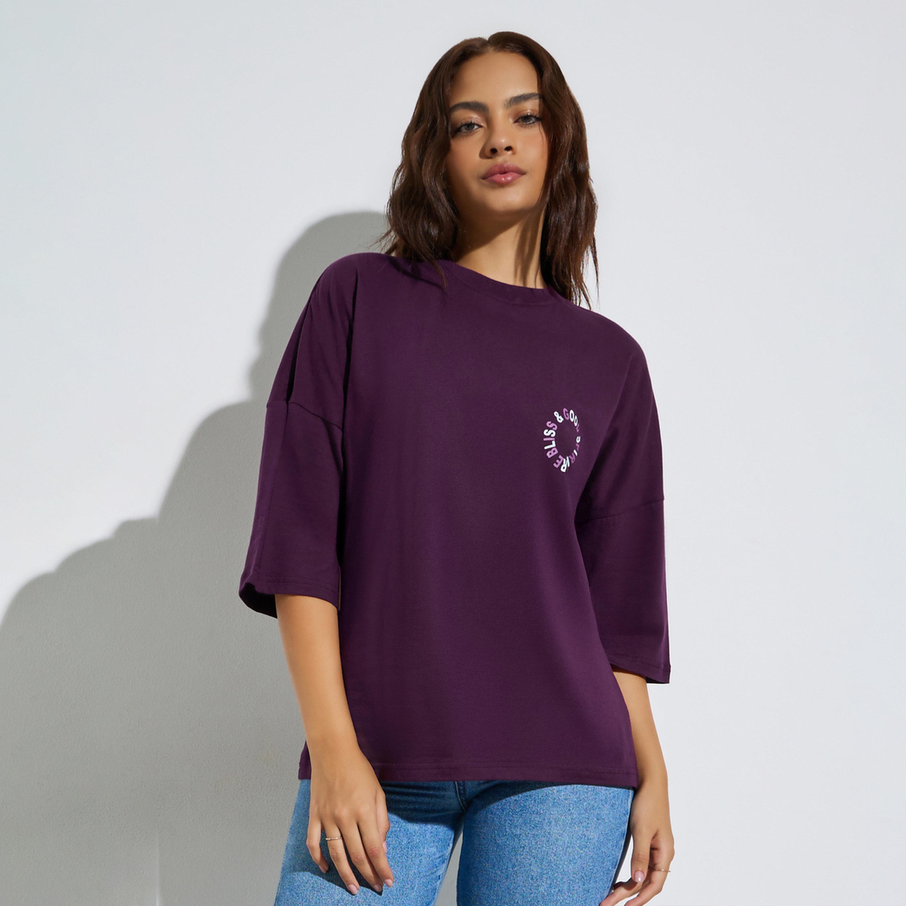 تيشيرت قطن قصة كبيرة مطبوع بشعار-women-clothing-tshirts-image-1