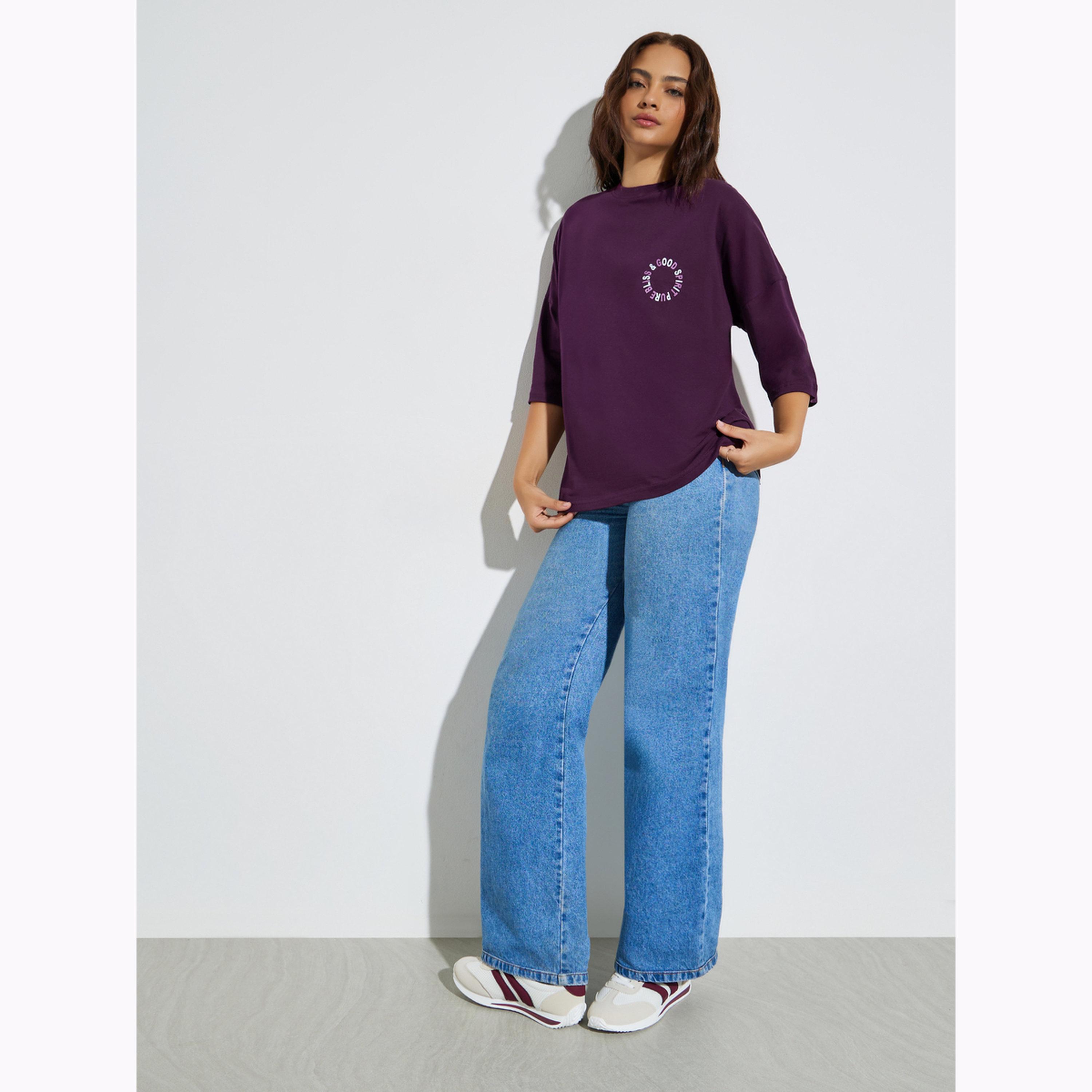 تيشيرت قطن قصة كبيرة مطبوع بشعار-women-clothing-tshirts-image-2