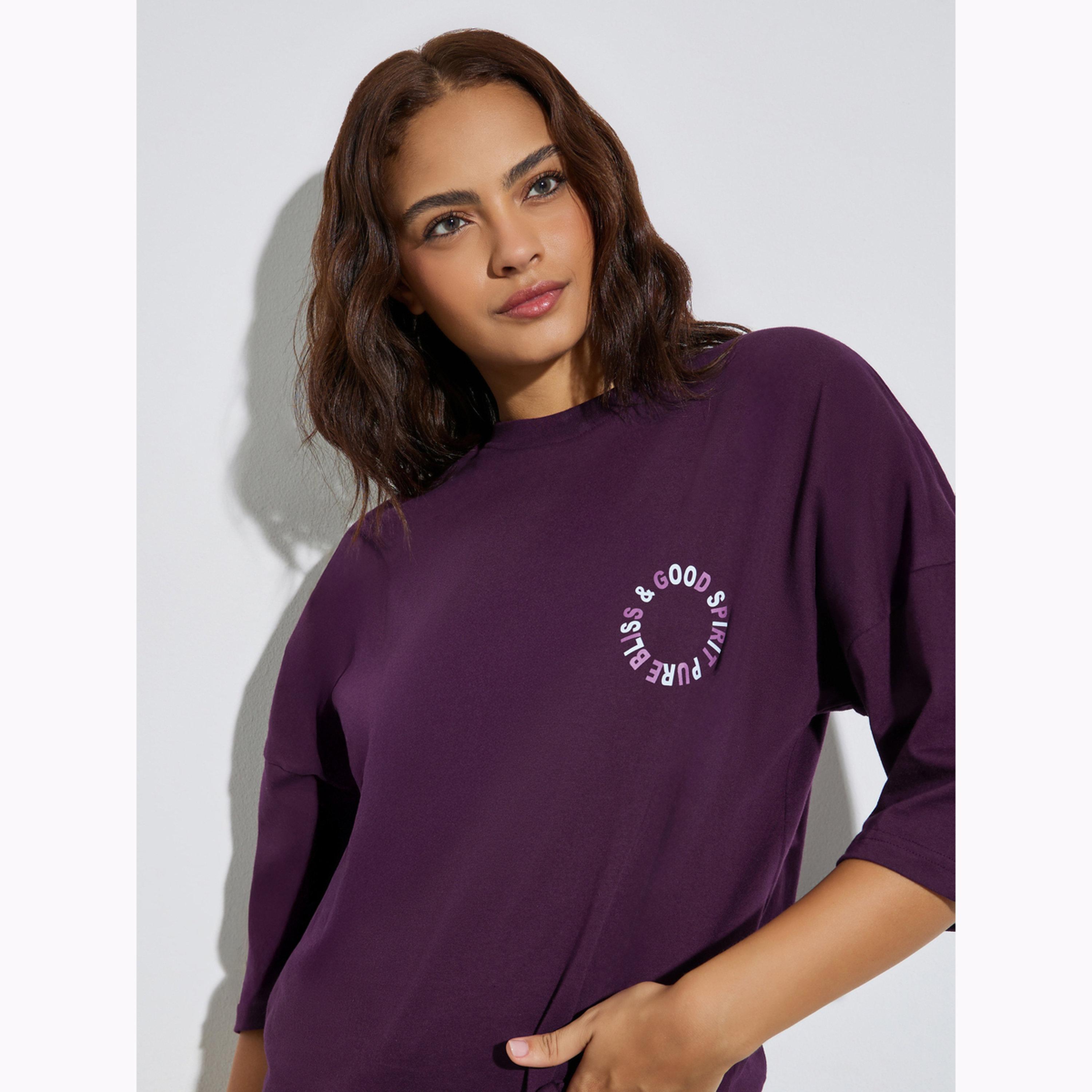 Styli Purple Slogan Print Oversized Cotton T-Shirt-women-clothing-tshirts-image-3