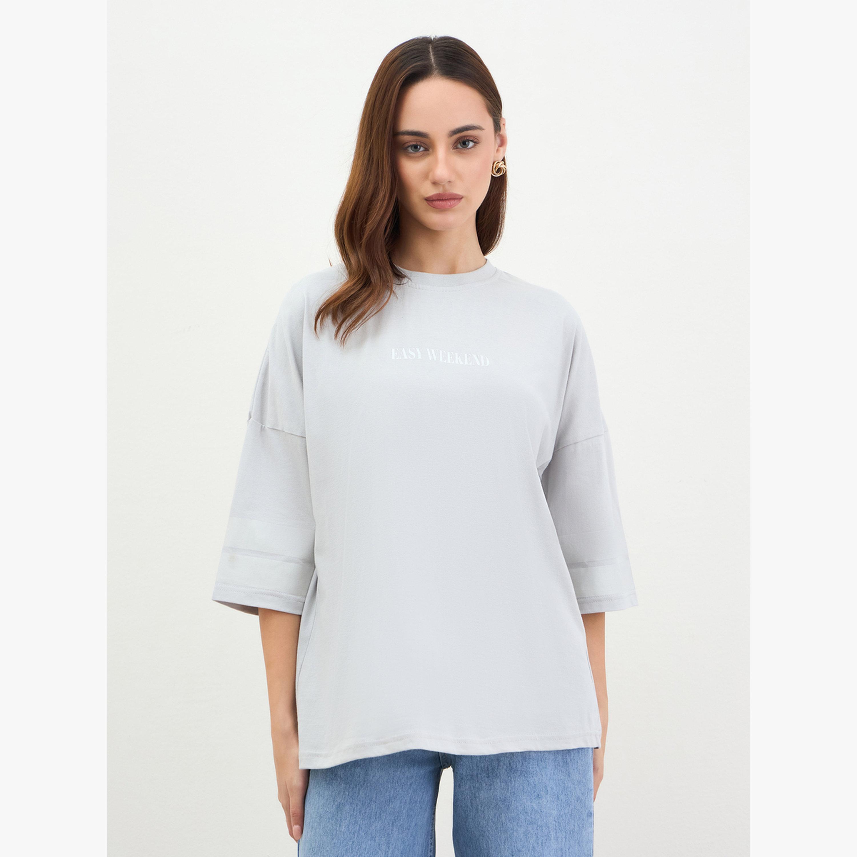 Styli Grey Oversized Slogan Print T-Shirt-women-clothing-tshirts-image-1