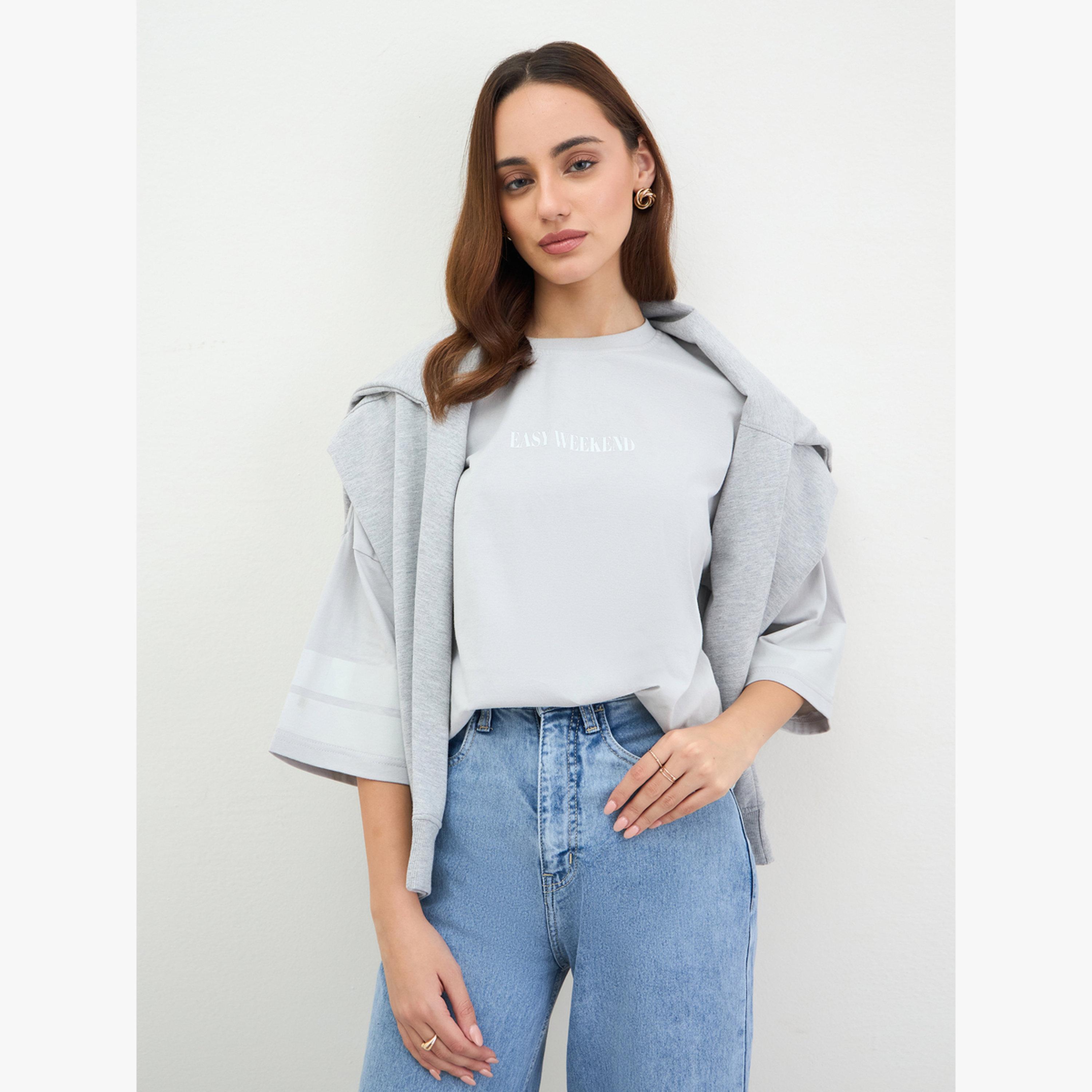 Styli Grey Oversized Slogan Print T-Shirt-women-clothing-tshirts-image-3