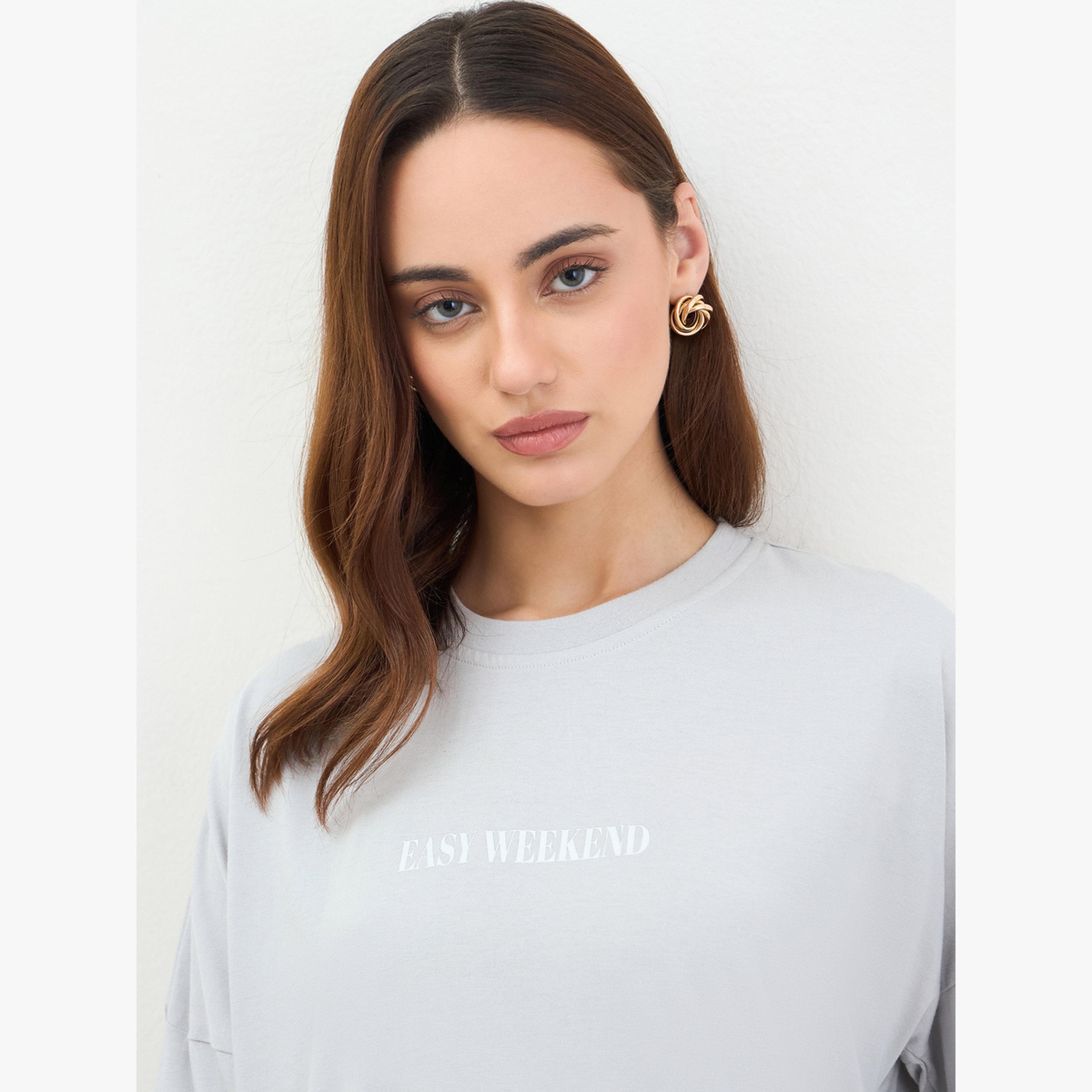 Styli Grey Oversized Slogan Print T-Shirt-women-clothing-tshirts-image-4
