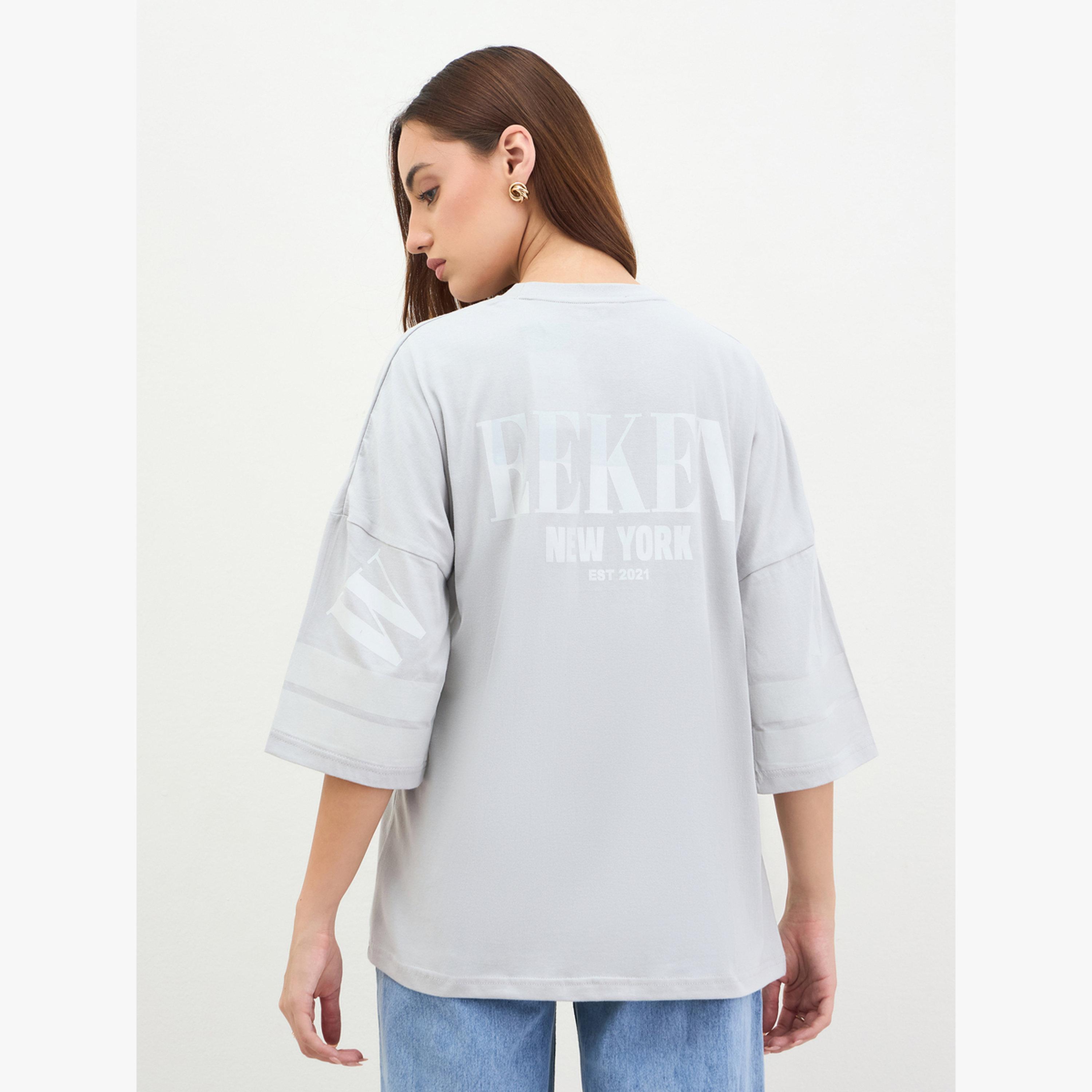 Styli Grey Oversized Slogan Print T-Shirt-women-clothing-tshirts-image-5