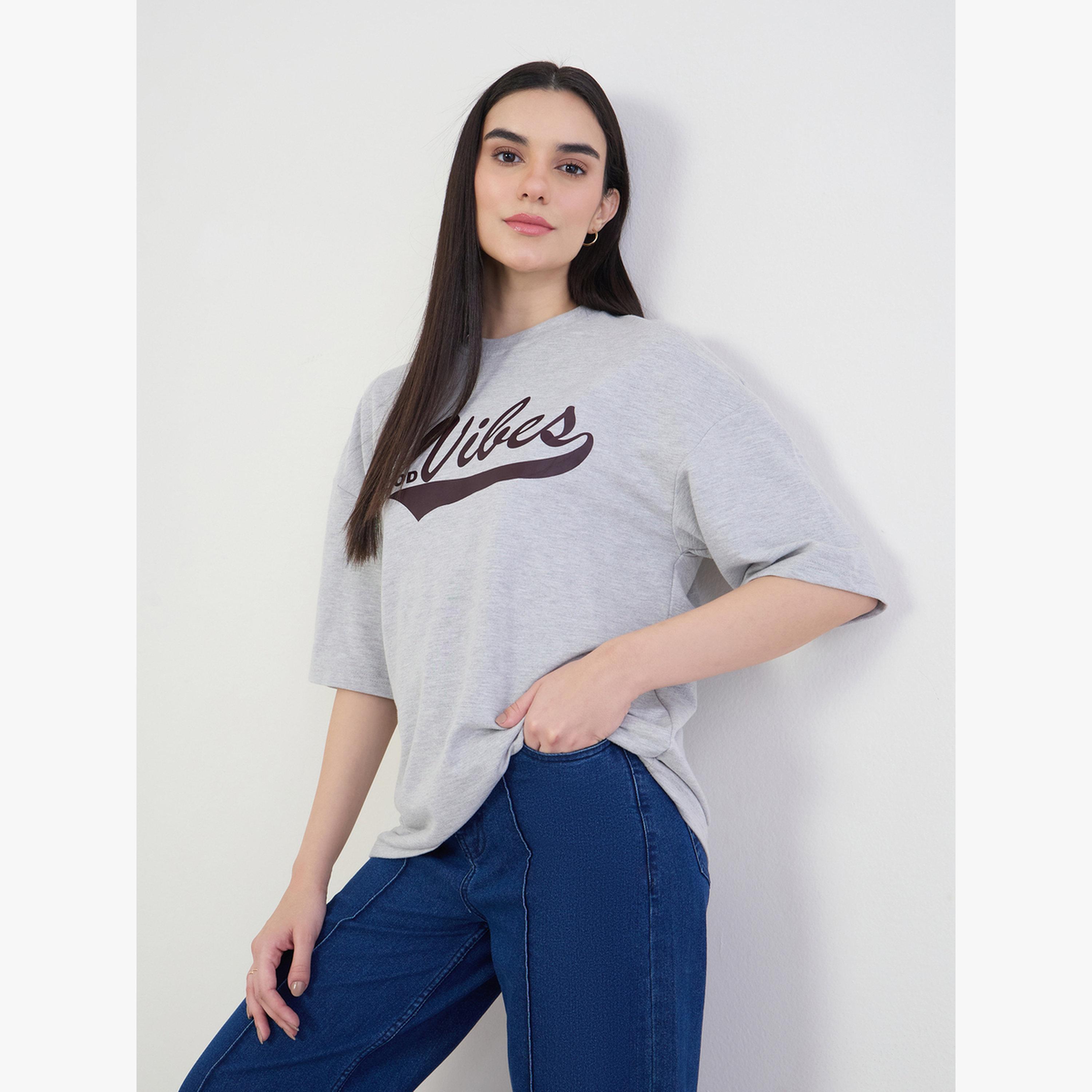 Styli Grey Oversized Graphic Print T-Shirt-women-clothing-tshirts-image-1