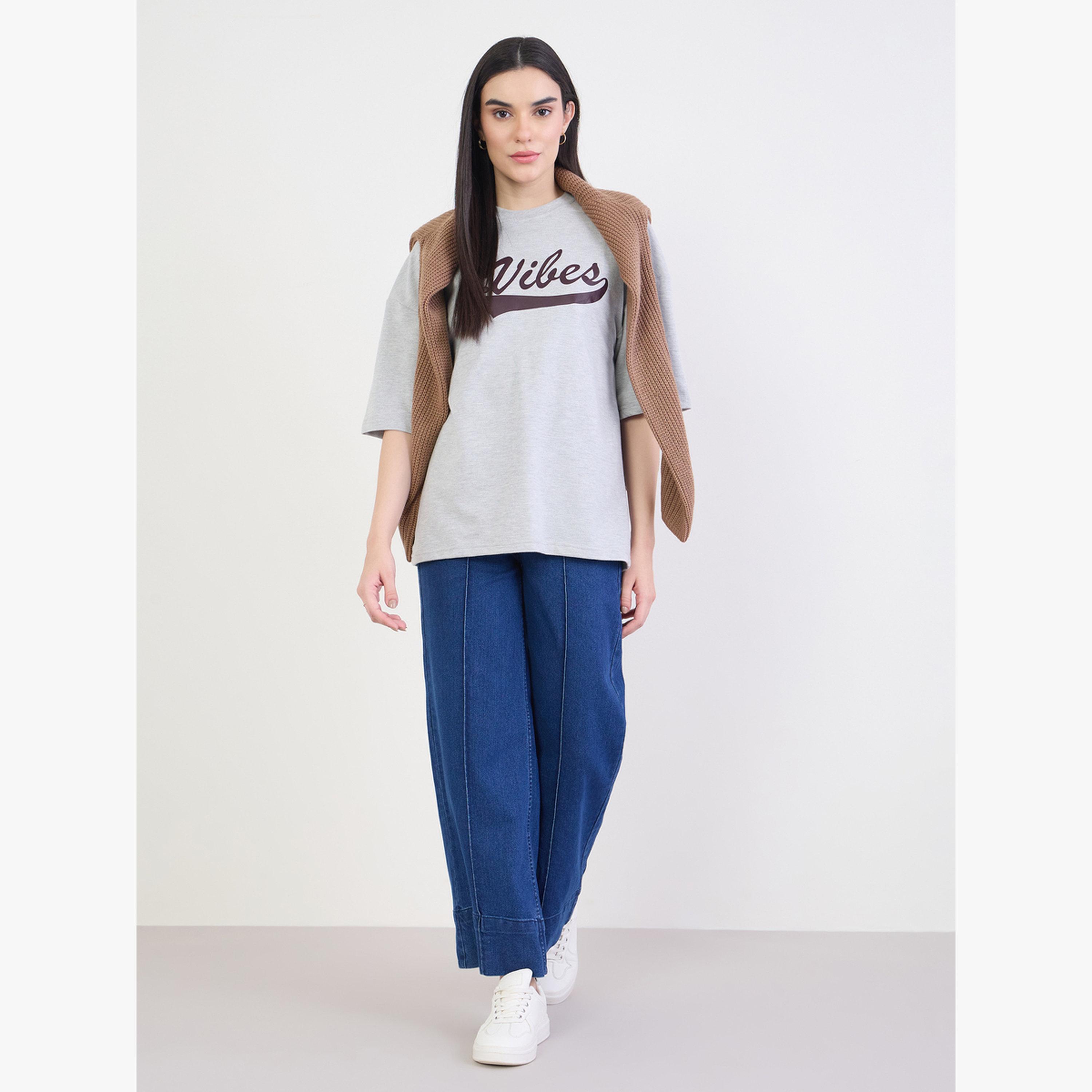 Styli Grey Oversized Graphic Print T-Shirt-women-clothing-tshirts-image-2