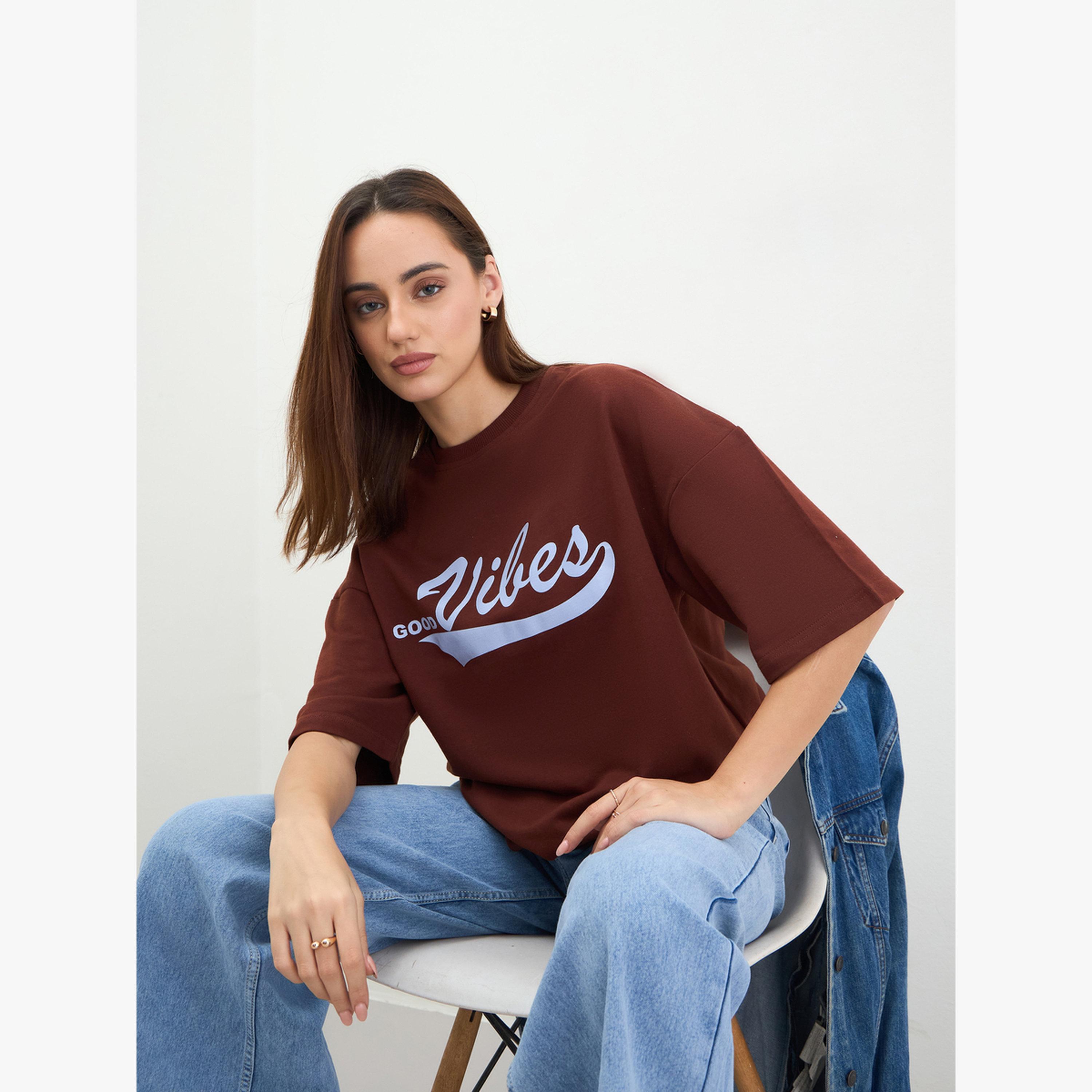 Styli Women Oversized Brown Slogan Print T-Shirt-women-clothing-tshirts-image-3