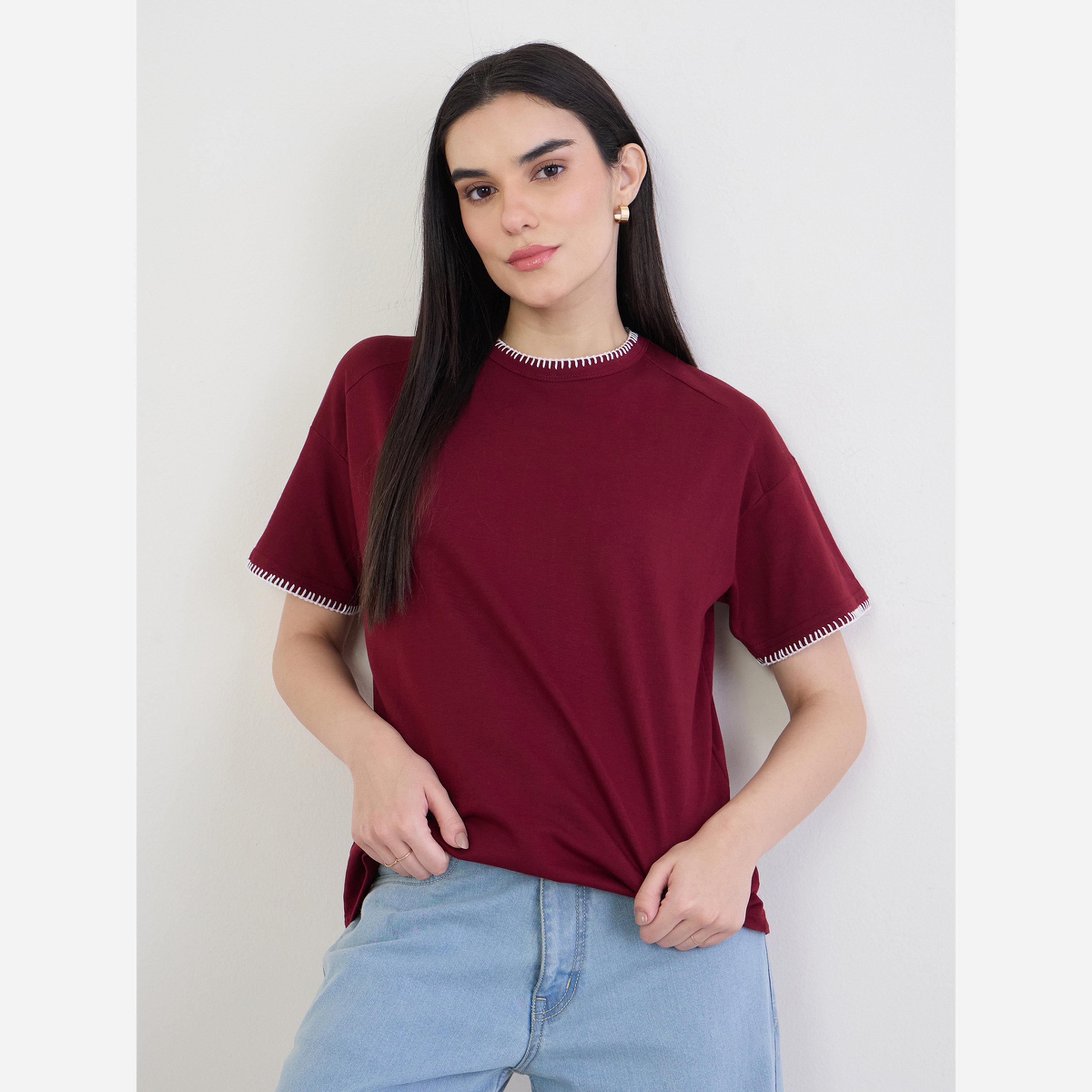 Styli Burgundy Cotton T-Shirt with Overlock Stitch-women-clothing-tshirts-image-1
