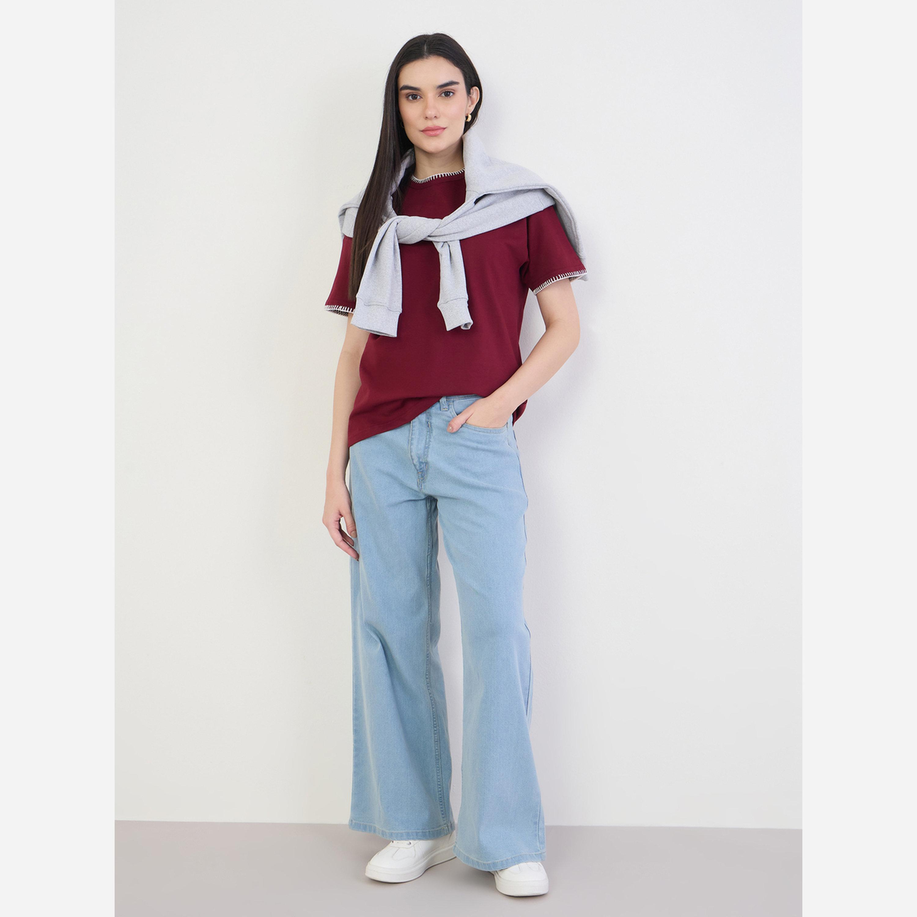 ستايلي - تيشيرت قطن لون برغندي بخياطة أوفرلوك-women-clothing-tshirts-image-2
