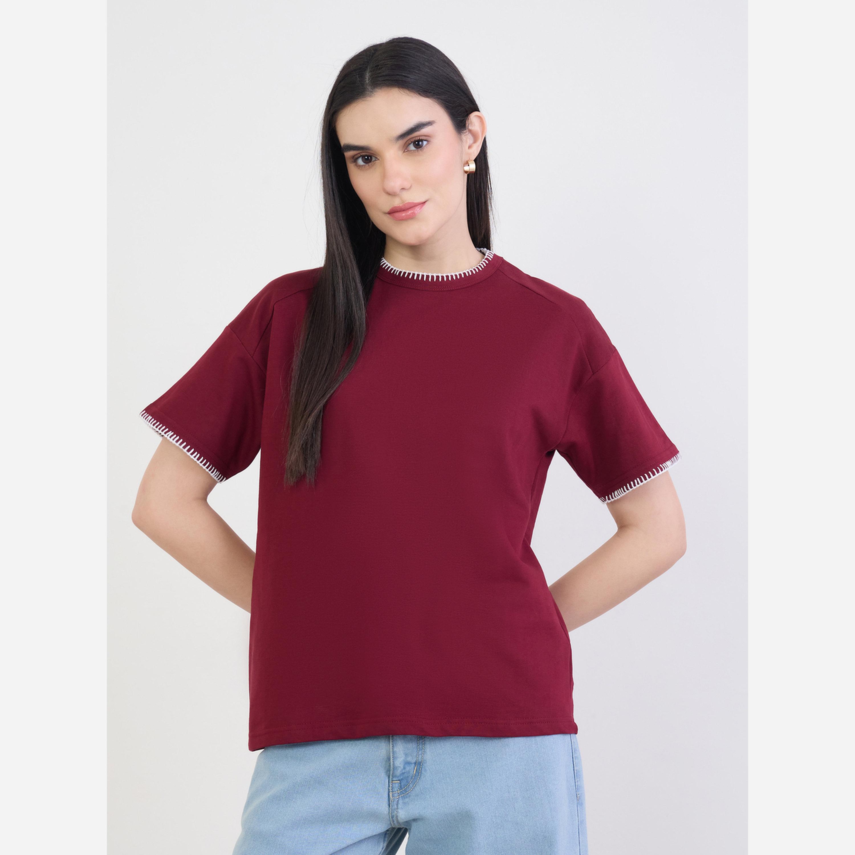 Styli Burgundy Cotton T-Shirt with Overlock Stitch-women-clothing-tshirts-image-3