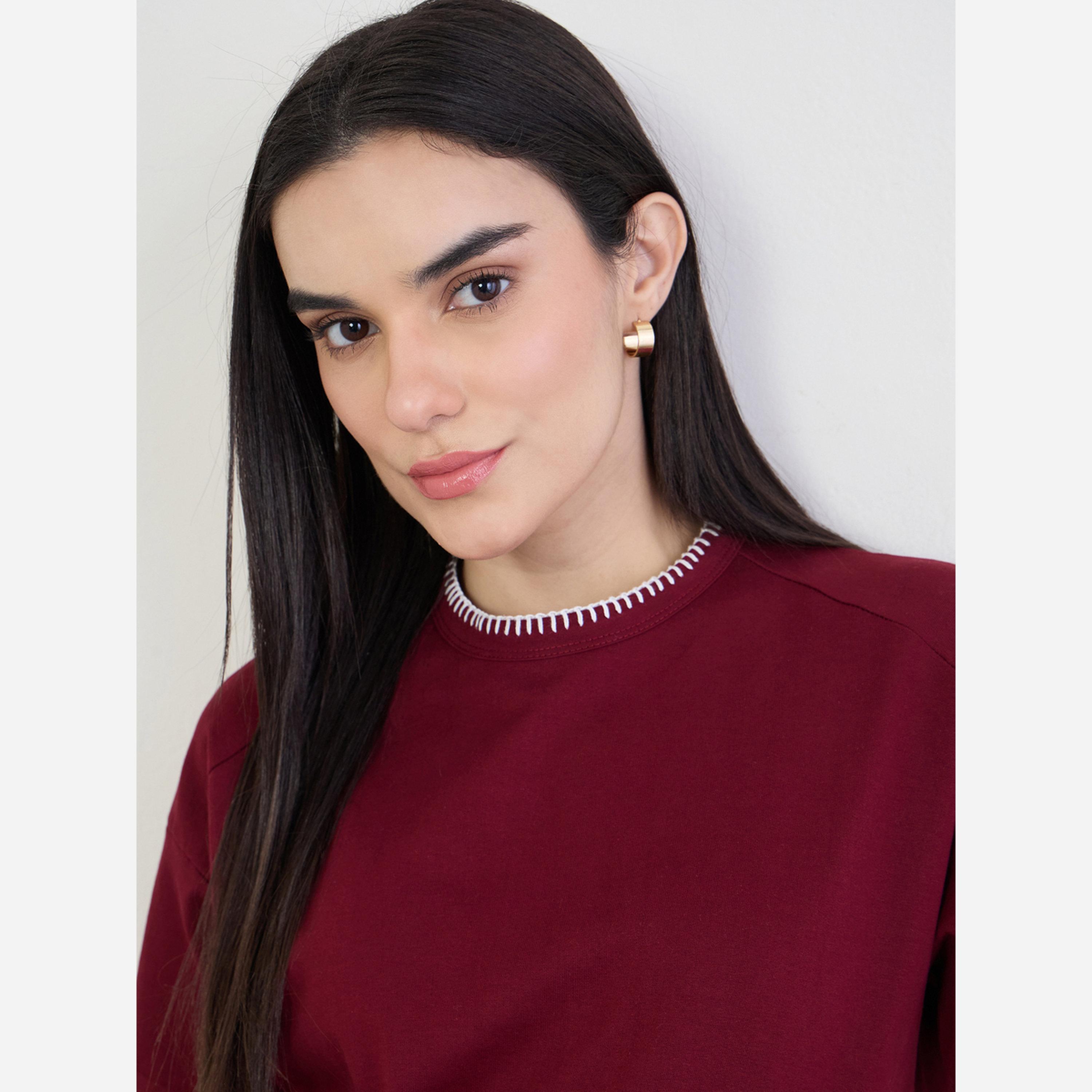 ستايلي - تيشيرت قطن لون برغندي بخياطة أوفرلوك-women-clothing-tshirts-image-4
