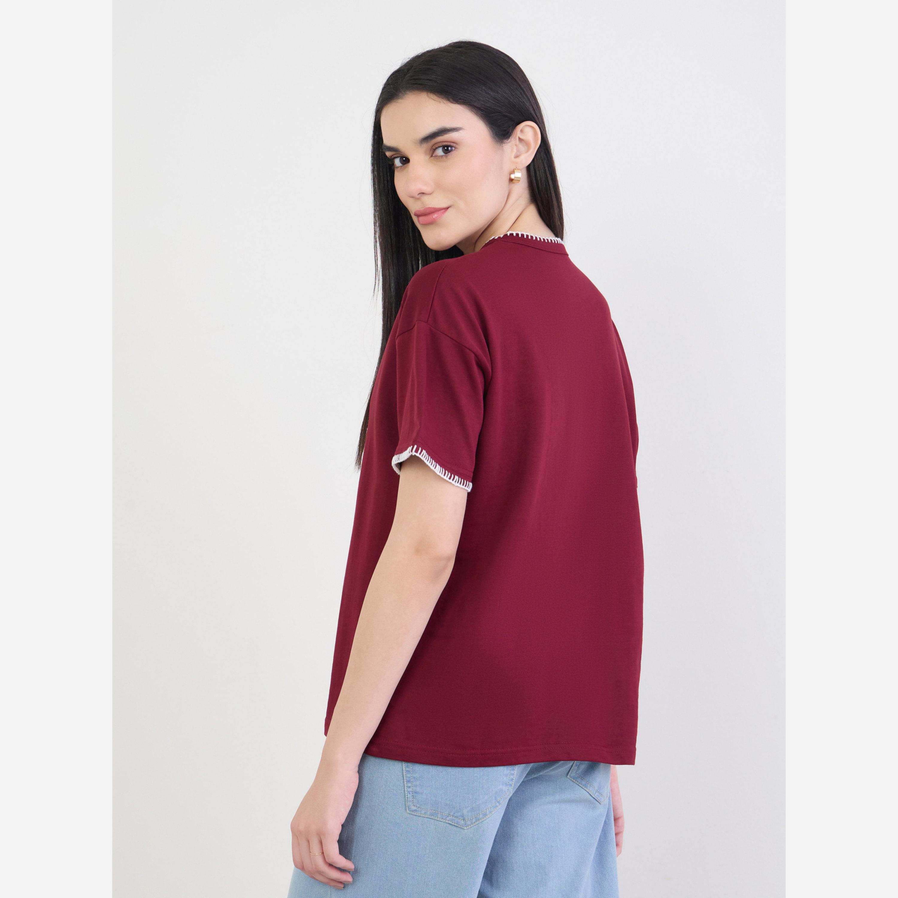 Styli Burgundy Cotton T-Shirt with Overlock Stitch-women-clothing-tshirts-image-5