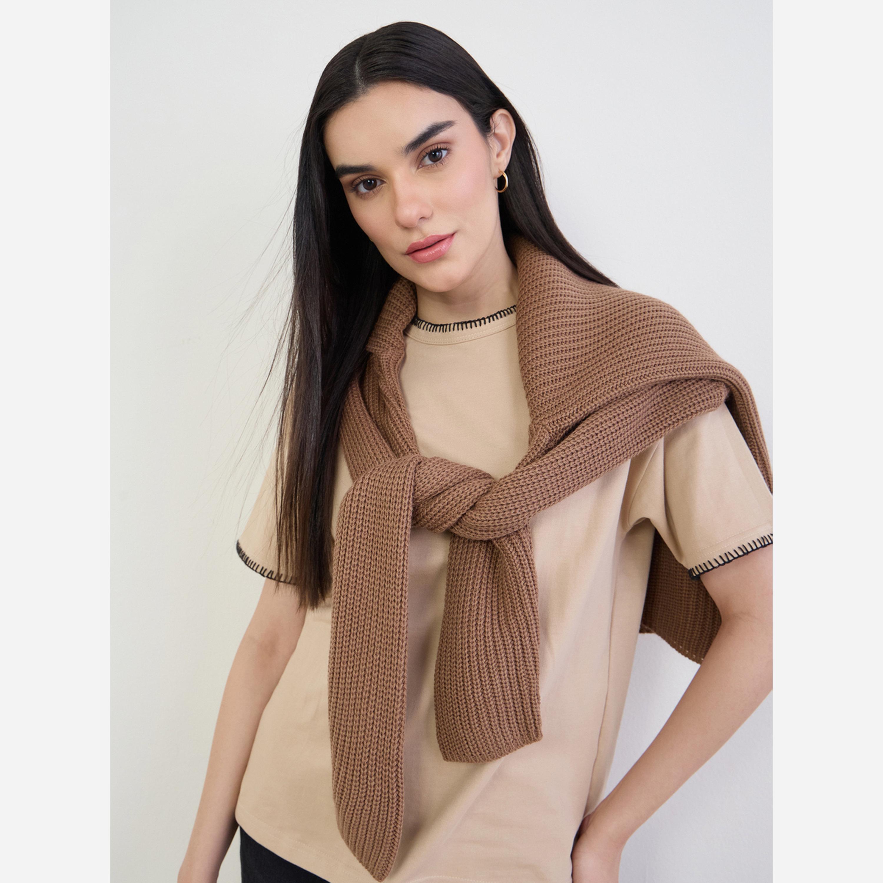 Styli Cream Cotton T-Shirt with Overlock Stitch-women-clothing-tshirts-image-3