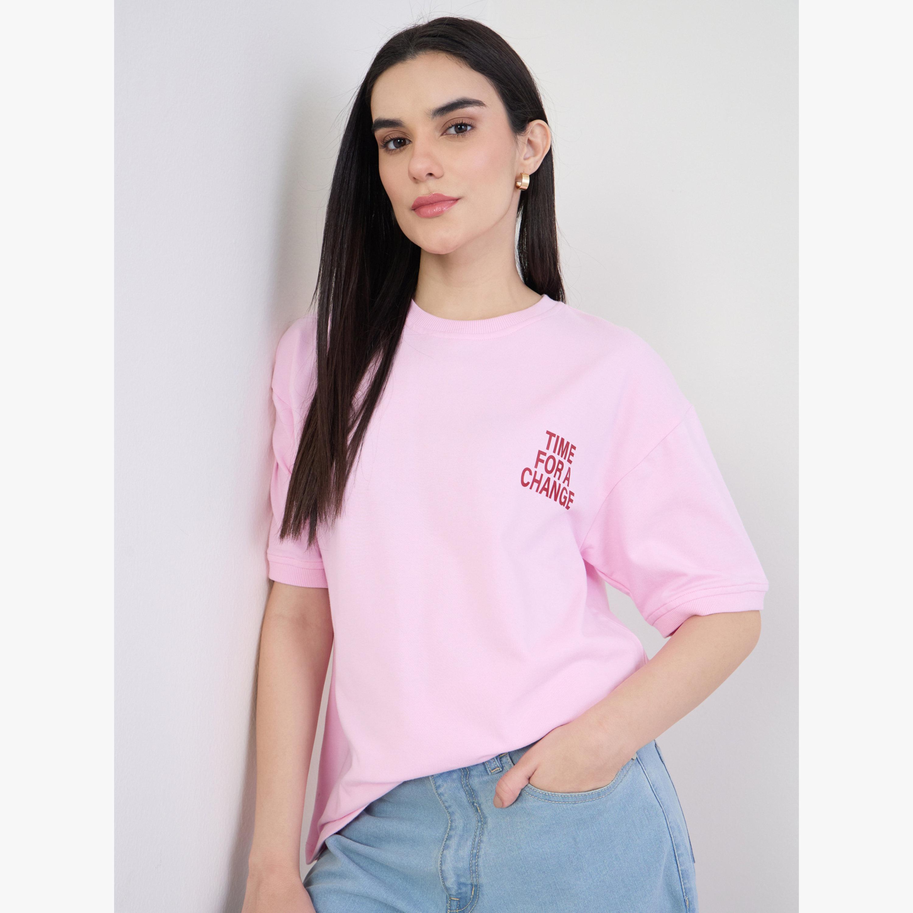 Styli Pink Oversized Slogan Print T-Shirt-women-clothing-tshirts-image-1