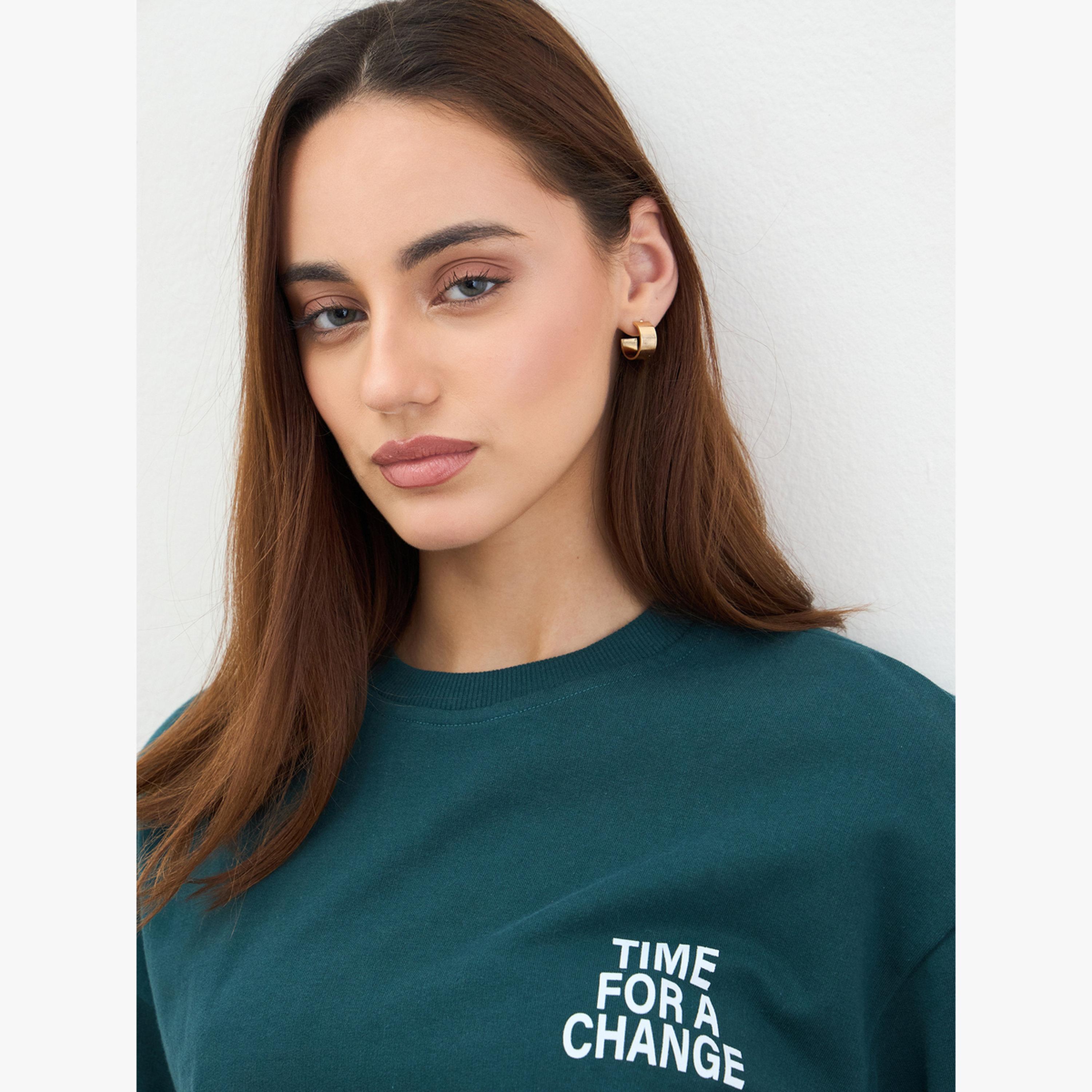 Styli Dark Green Oversized Slogan Print T-Shirt-women-clothing-tshirts-image-3