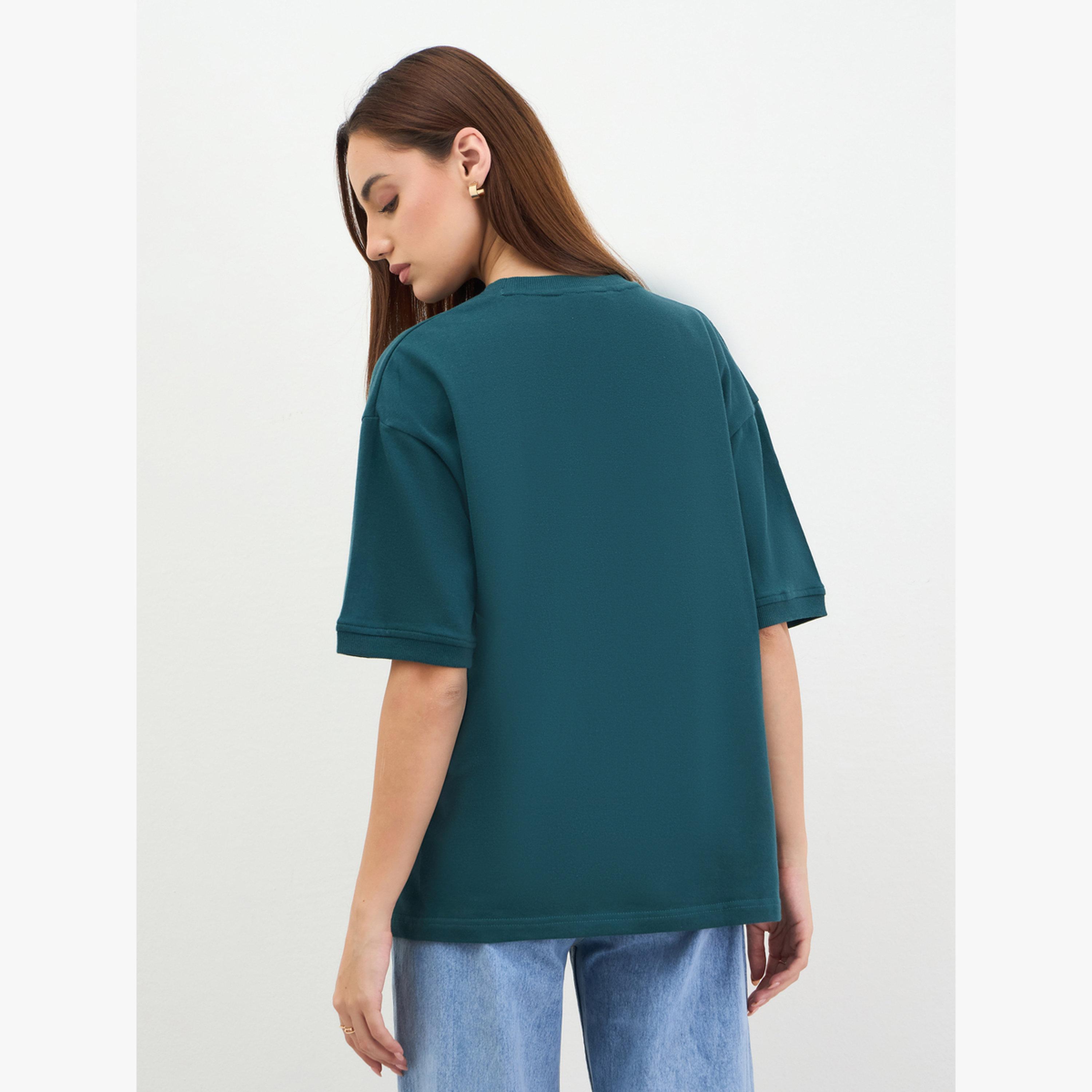 Styli Dark Green Oversized Slogan Print T-Shirt-women-clothing-tshirts-image-4