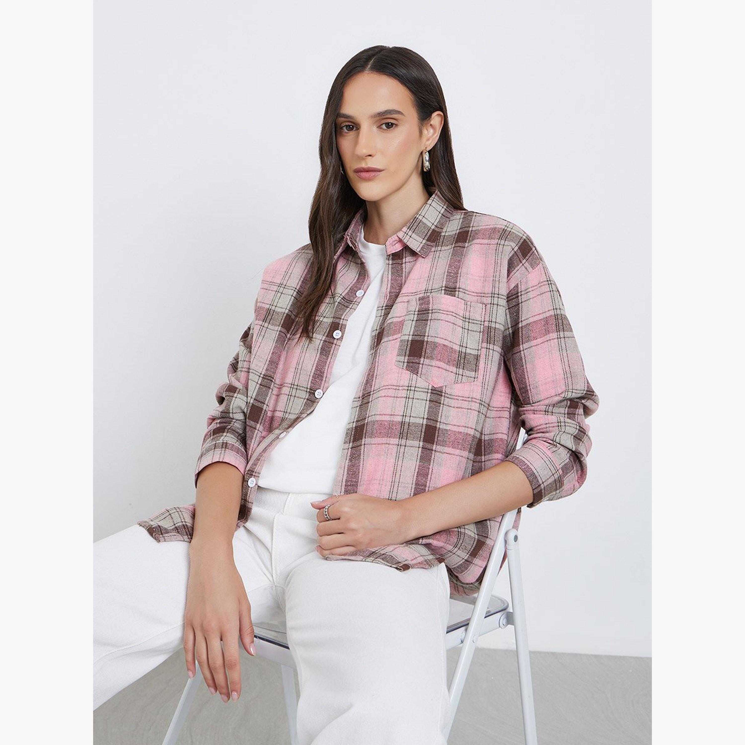 Styli Checked Buttoned Shirt with Chest Pocket-women-clothing-shirtsandblouses-shirts-image-3