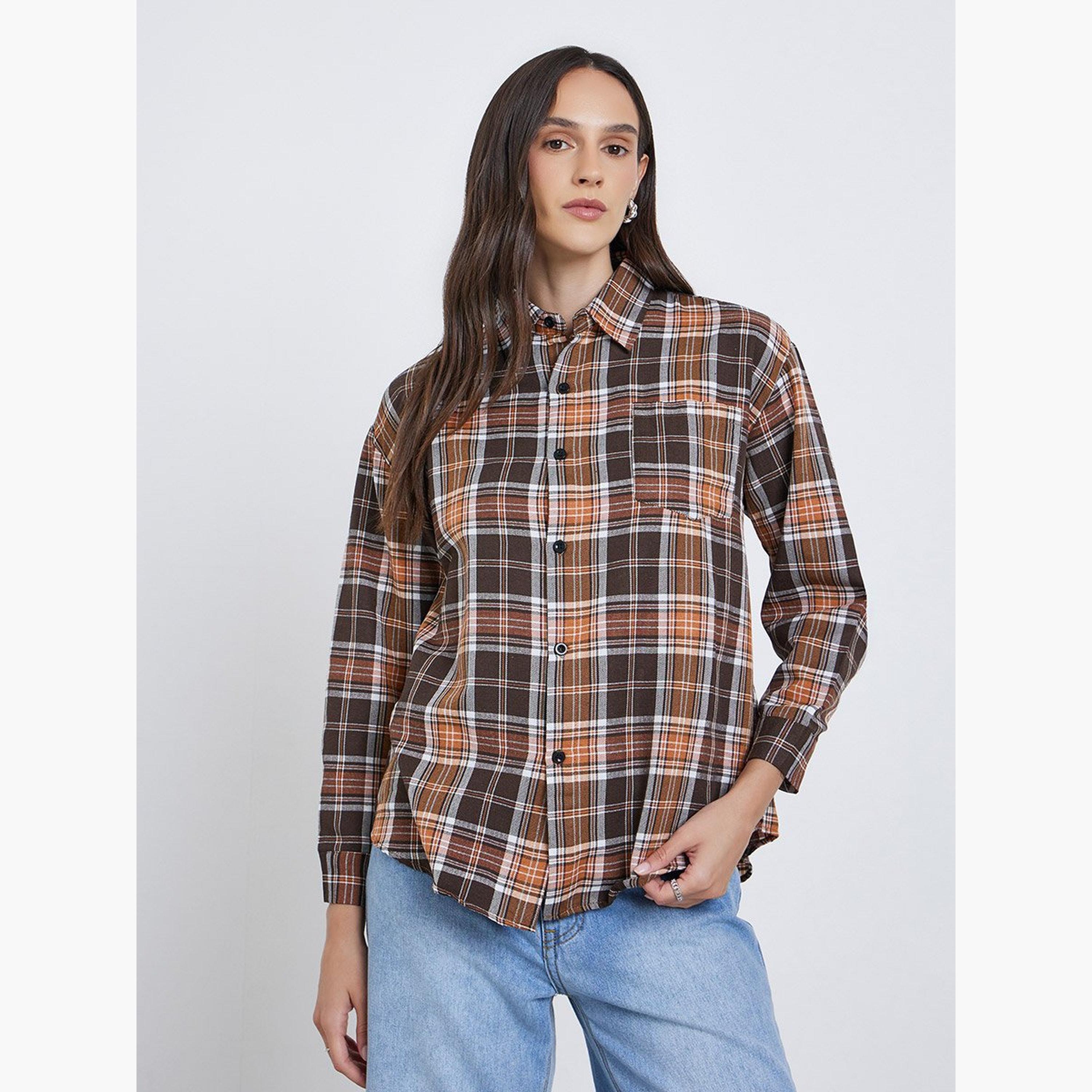 Styli Checked Buttoned Shirt with Chest Pocket-women-clothing-shirtsandblouses-shirts-image-3
