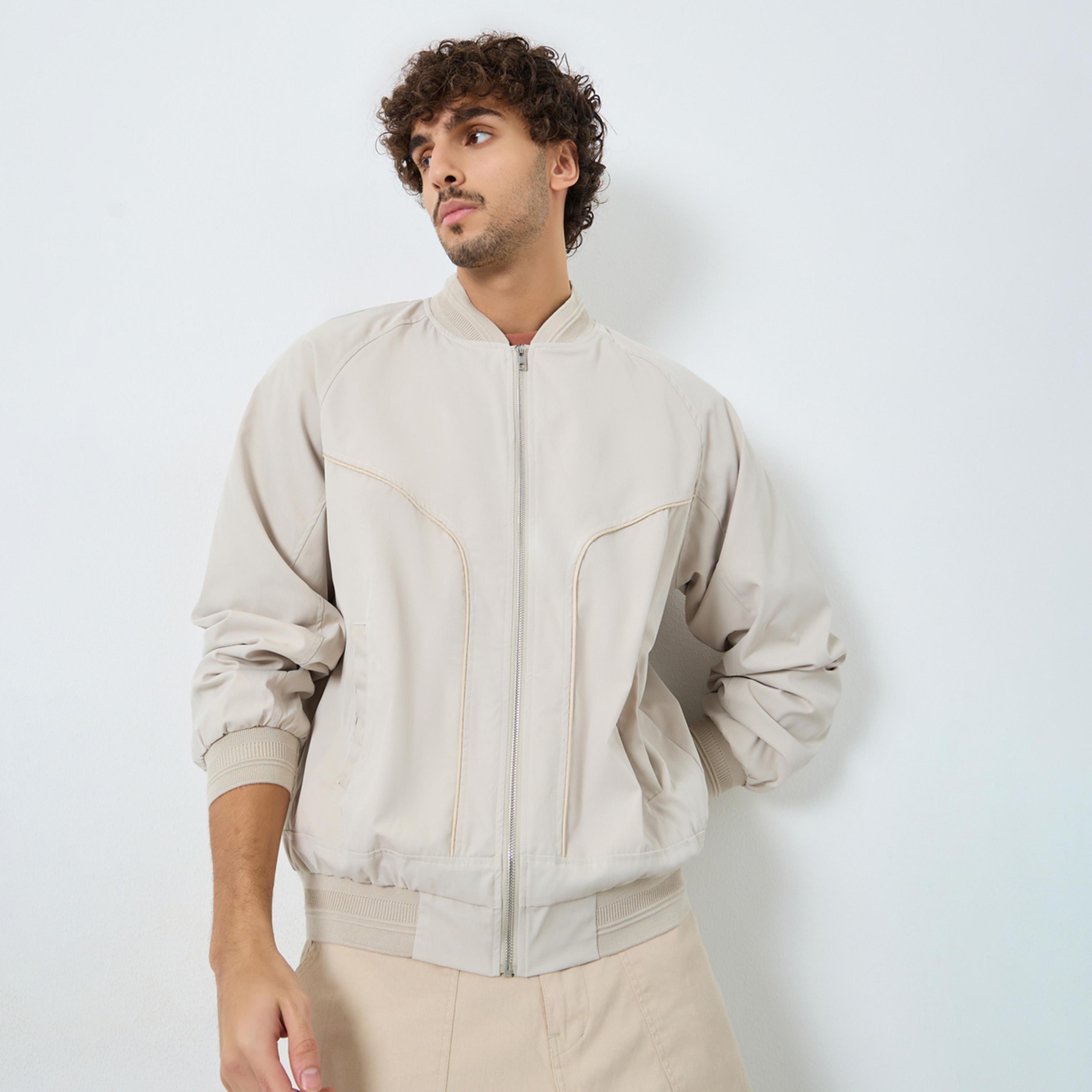 Styli Solid Round Neck Long Sleeves Men's Zip Through Bomber Jacket-men-clothing-jacketsandblazers-jackets-image-1