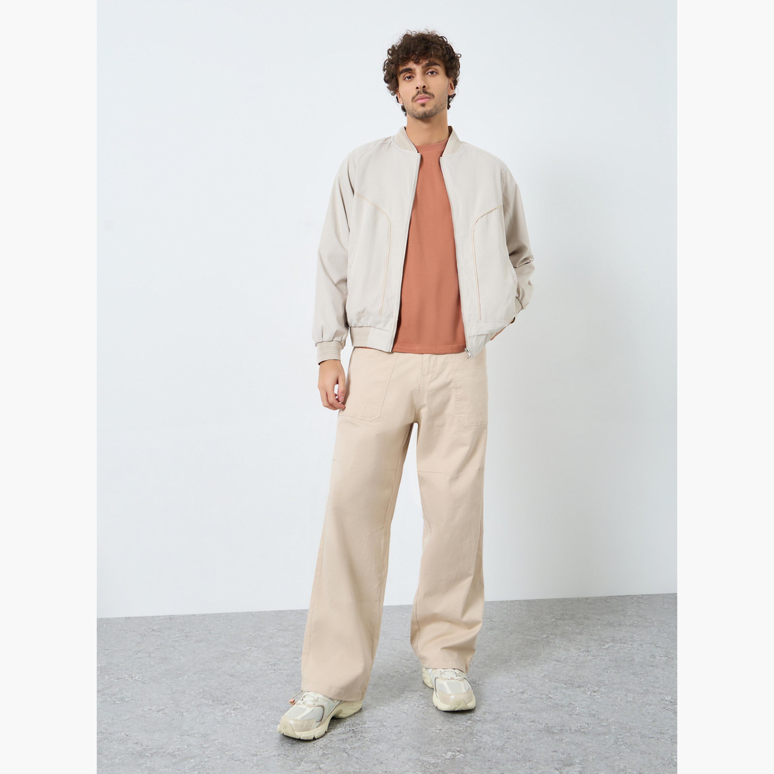 Styli Solid Round Neck Long Sleeves Men's Zip Through Bomber Jacket-men-clothing-jacketsandblazers-jackets-image-2