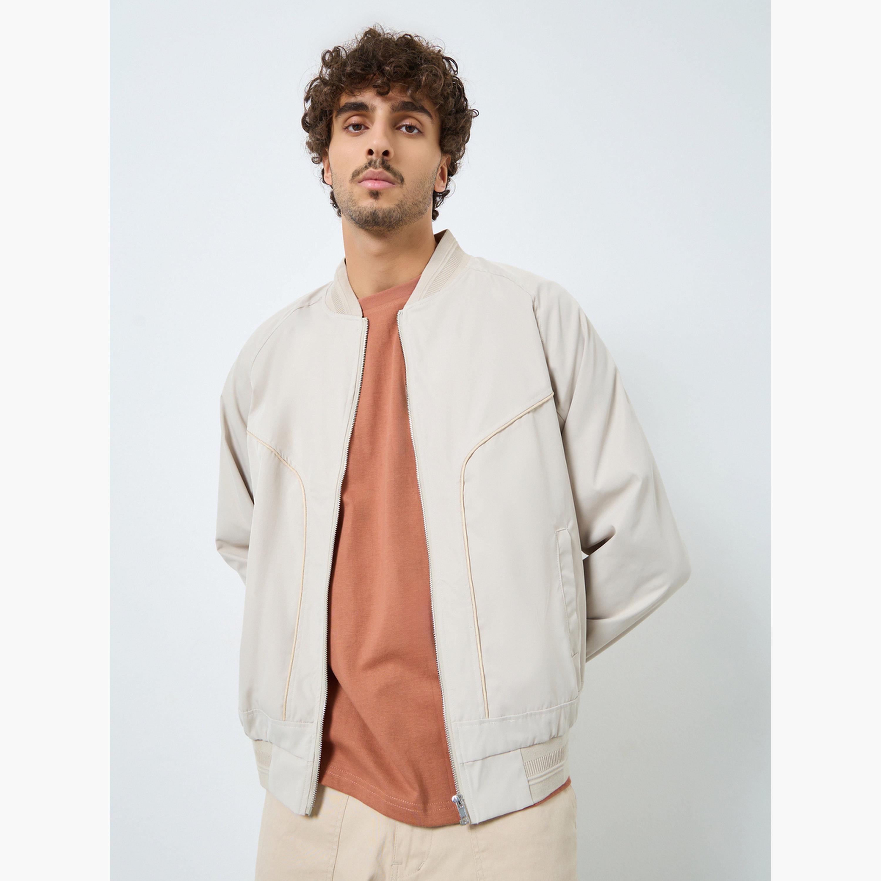 Styli Solid Round Neck Long Sleeves Men's Zip Through Bomber Jacket-men-clothing-jacketsandblazers-jackets-image-3