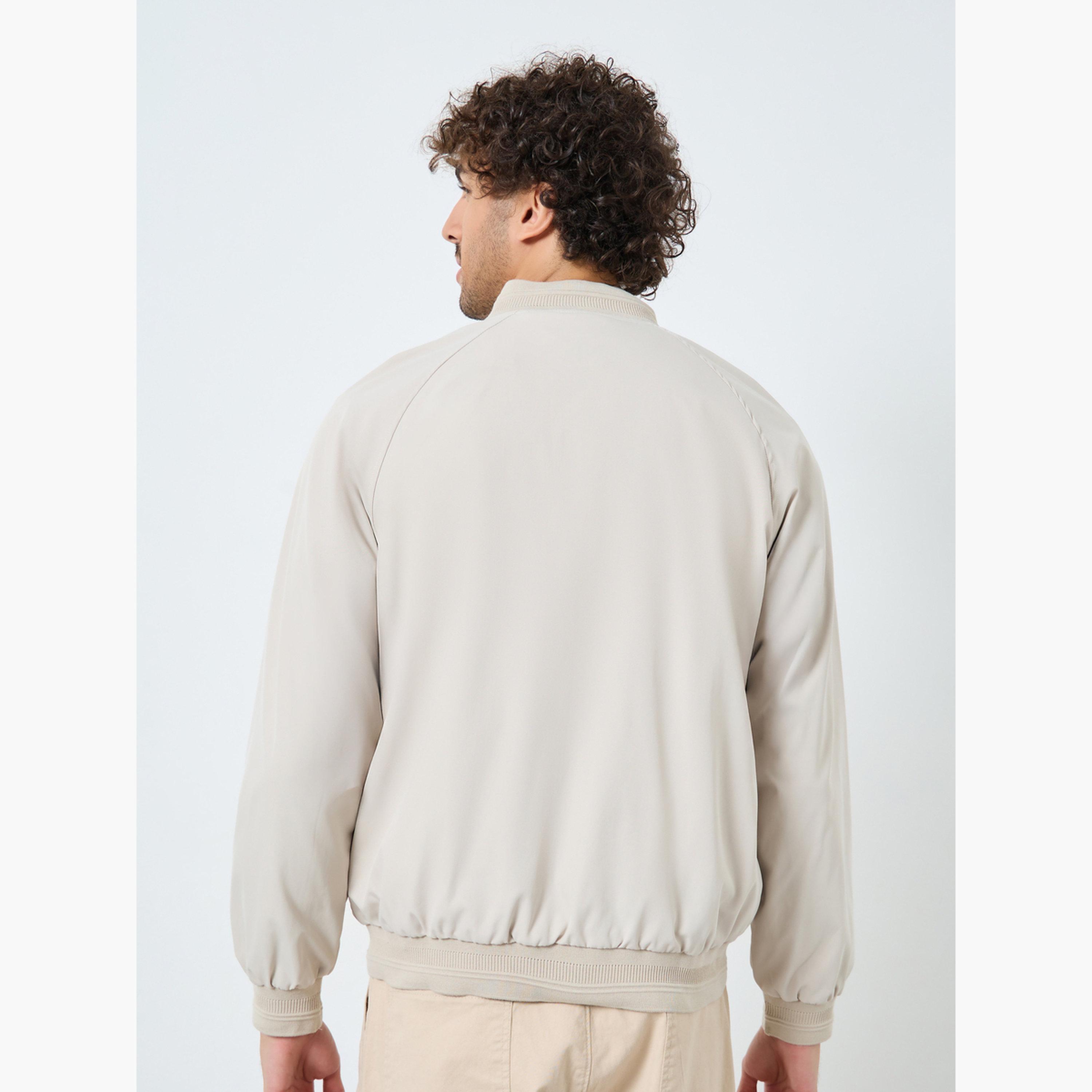 Styli Solid Round Neck Long Sleeves Men's Zip Through Bomber Jacket-men-clothing-jacketsandblazers-jackets-image-4