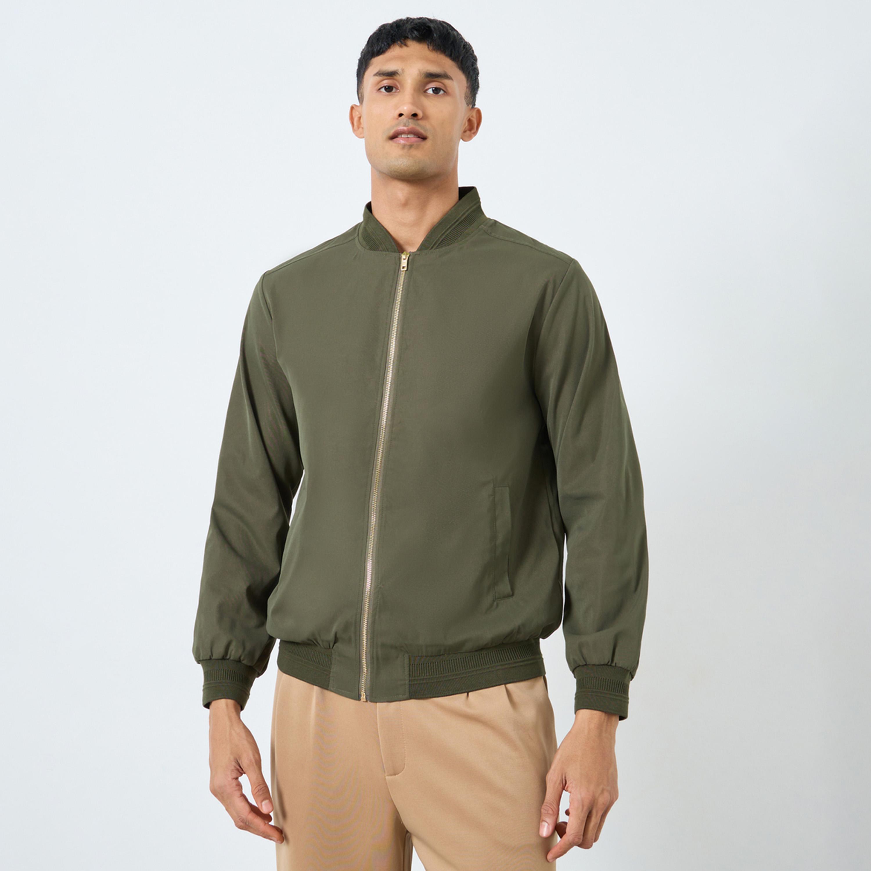 Styli Solid Round Neck Long Sleeves Men's Zip Through Bomber Jacket-men-winterwear-jacketsandblazers-image-1