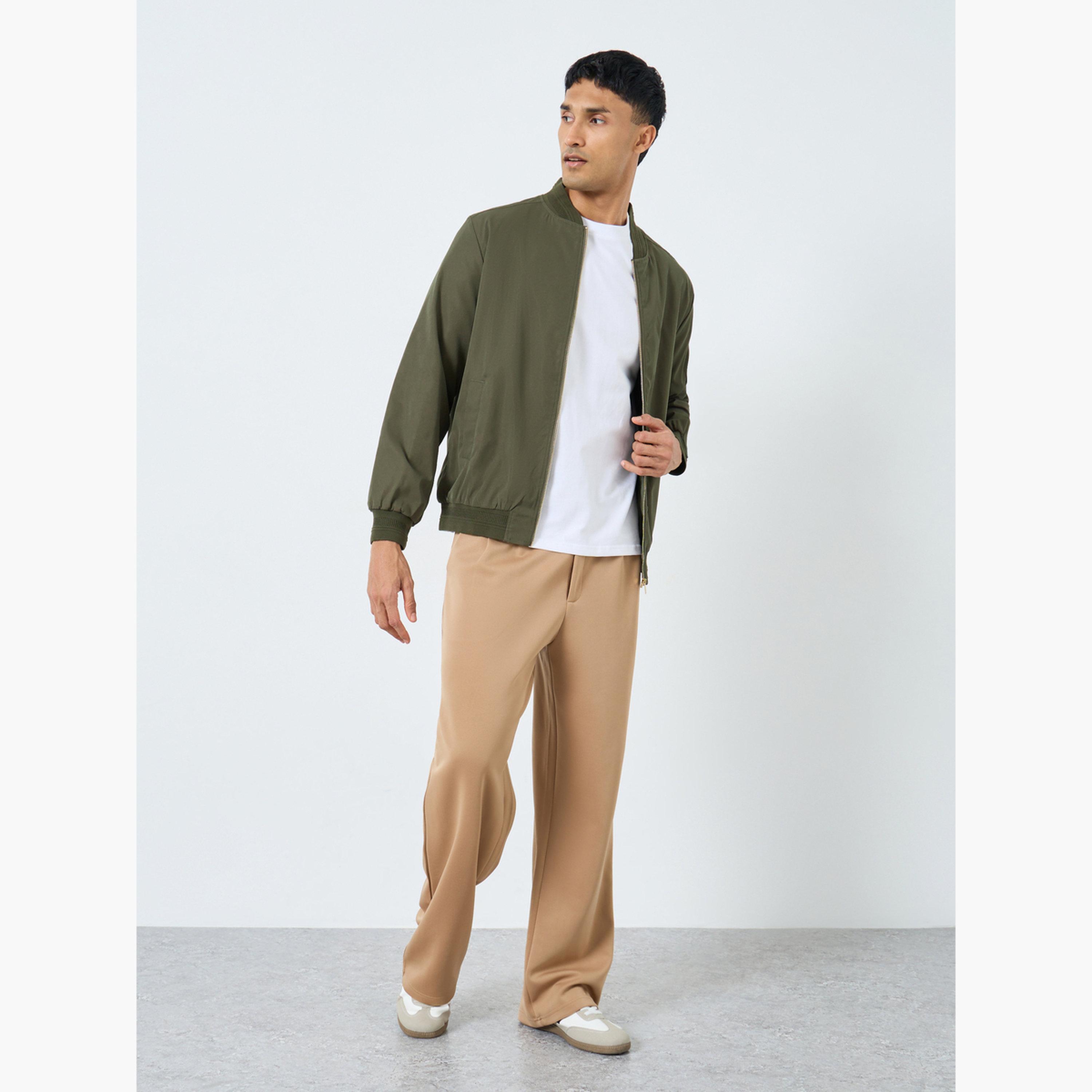 Styli Solid Round Neck Long Sleeves Men's Zip Through Bomber Jacket-men-winterwear-jacketsandblazers-image-2