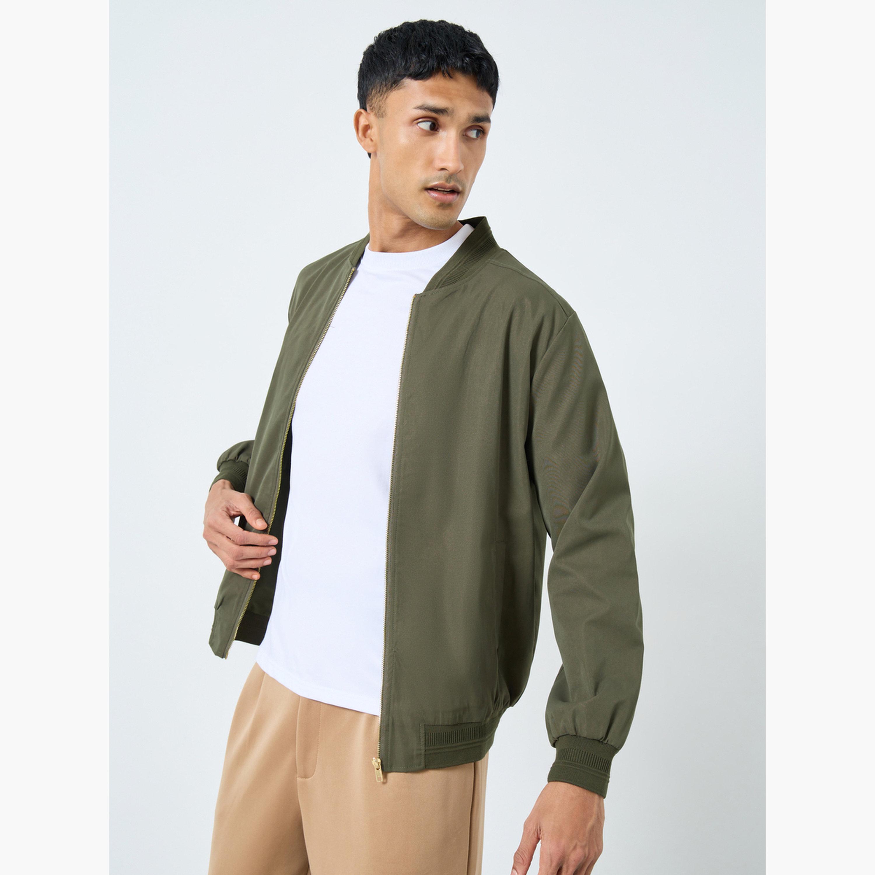 Styli Solid Round Neck Long Sleeves Men's Zip Through Bomber Jacket-men-winterwear-jacketsandblazers-image-3
