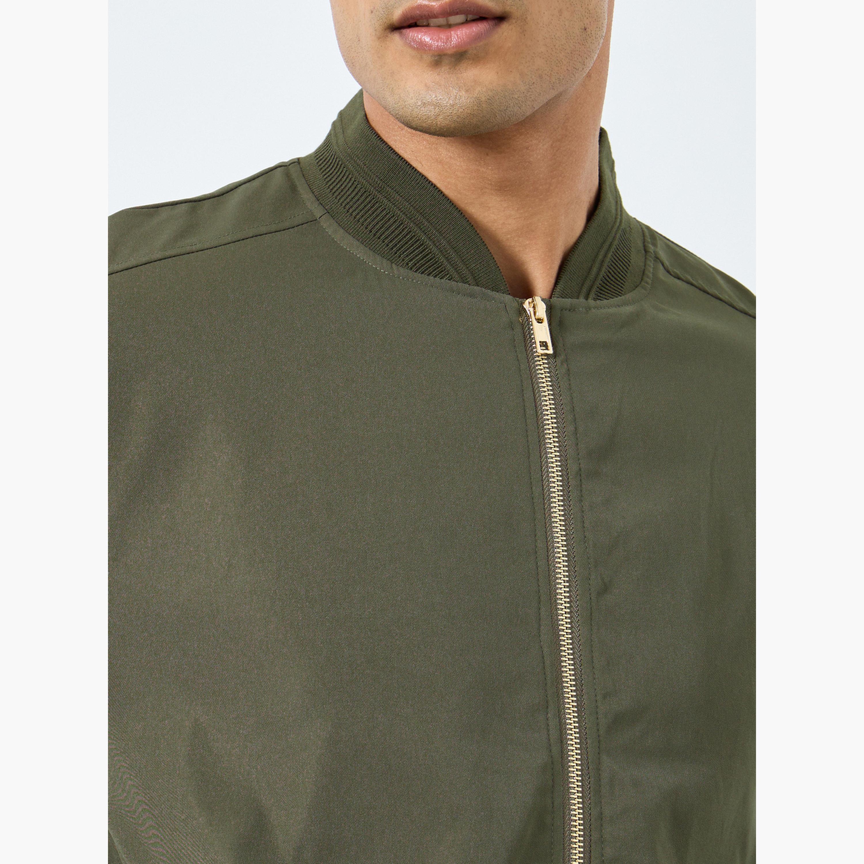 Styli Solid Round Neck Long Sleeves Men's Zip Through Bomber Jacket-men-winterwear-jacketsandblazers-image-4