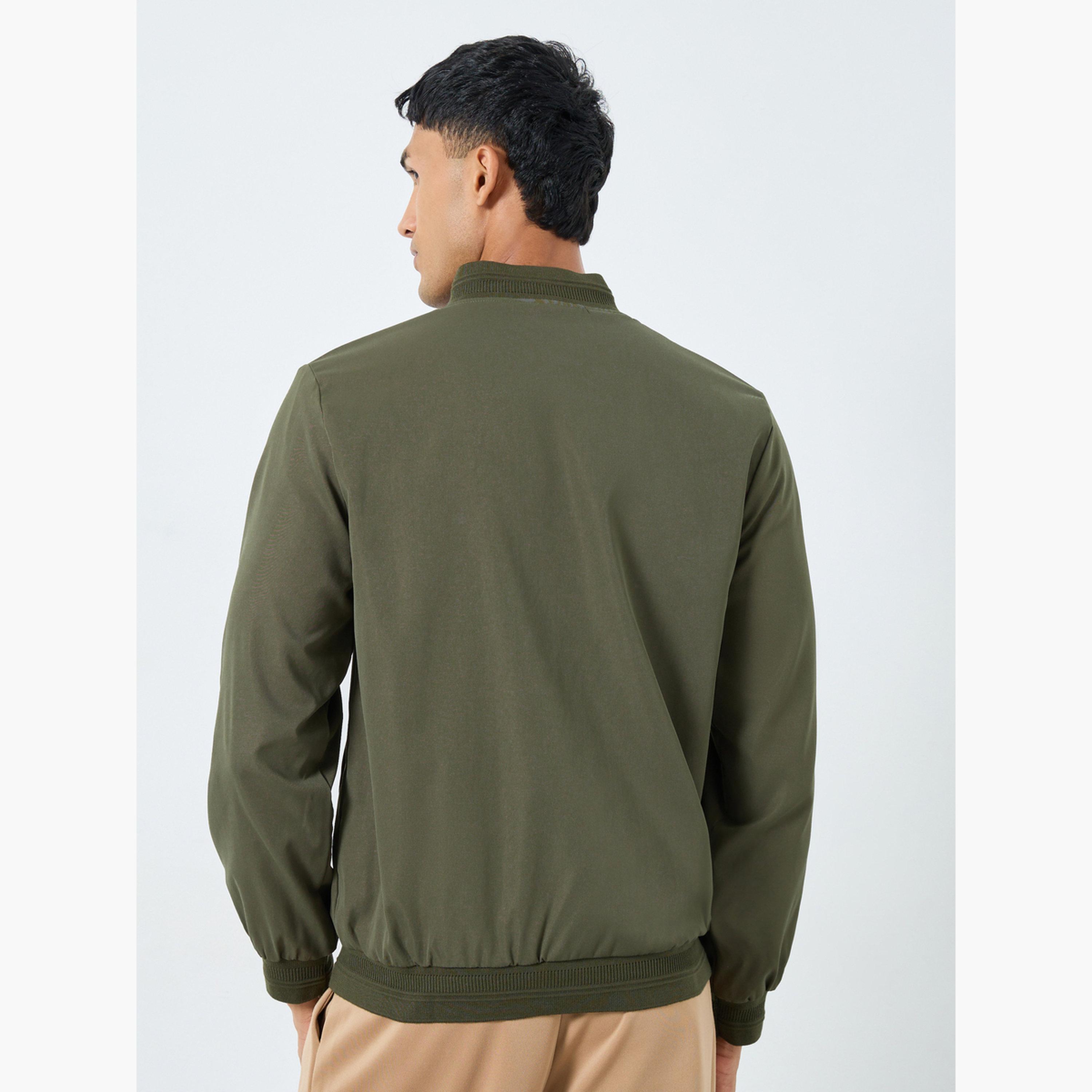Styli Solid Round Neck Long Sleeves Men's Zip Through Bomber Jacket-men-winterwear-jacketsandblazers-image-5