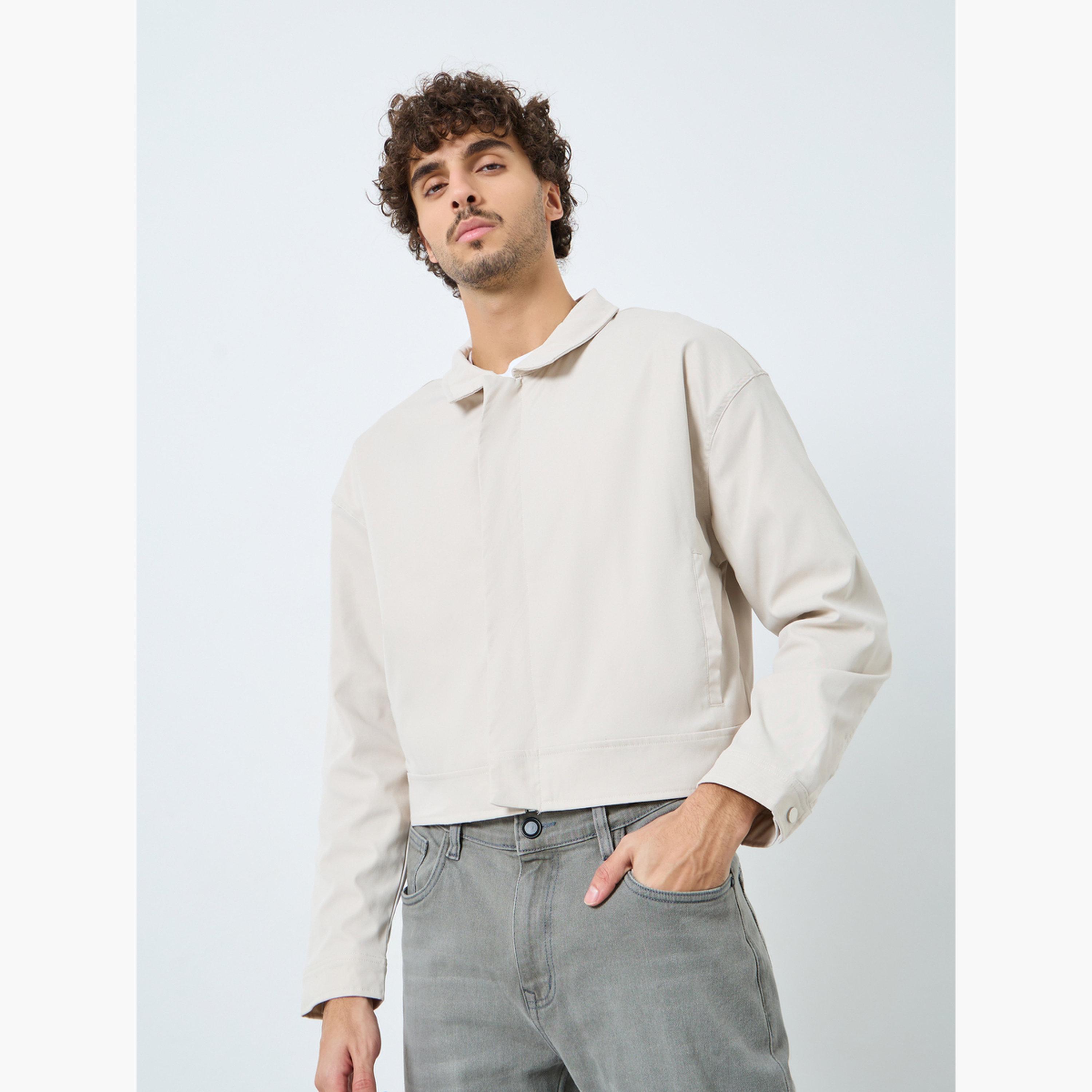 Styli Solid Collared Long Sleeves Men's Zip Through Twill Harrington Jacket-men-clothing-jacketsandblazers-jackets-image-1