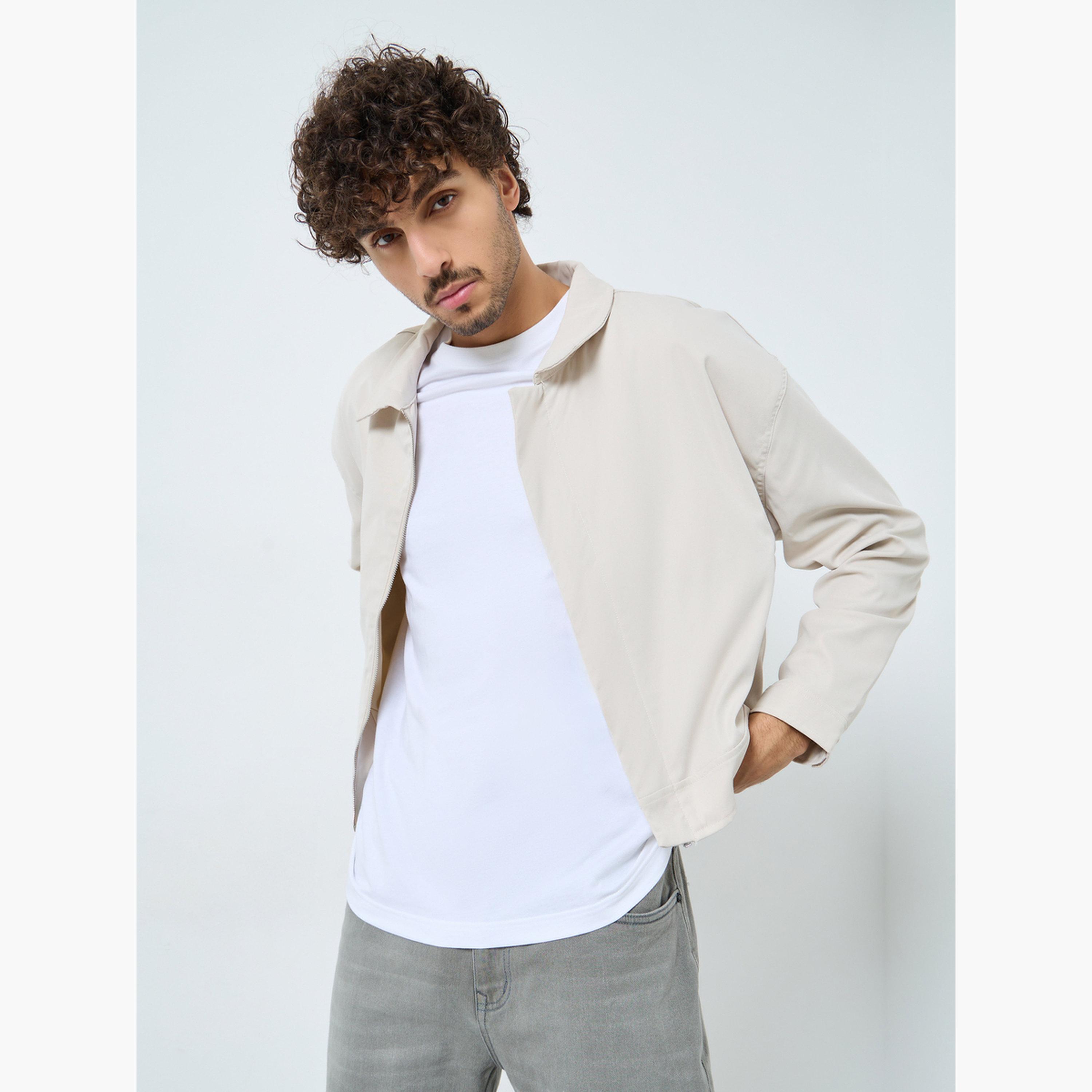 Styli Solid Collared Long Sleeves Men's Zip Through Twill Harrington Jacket-men-clothing-jacketsandblazers-jackets-image-3