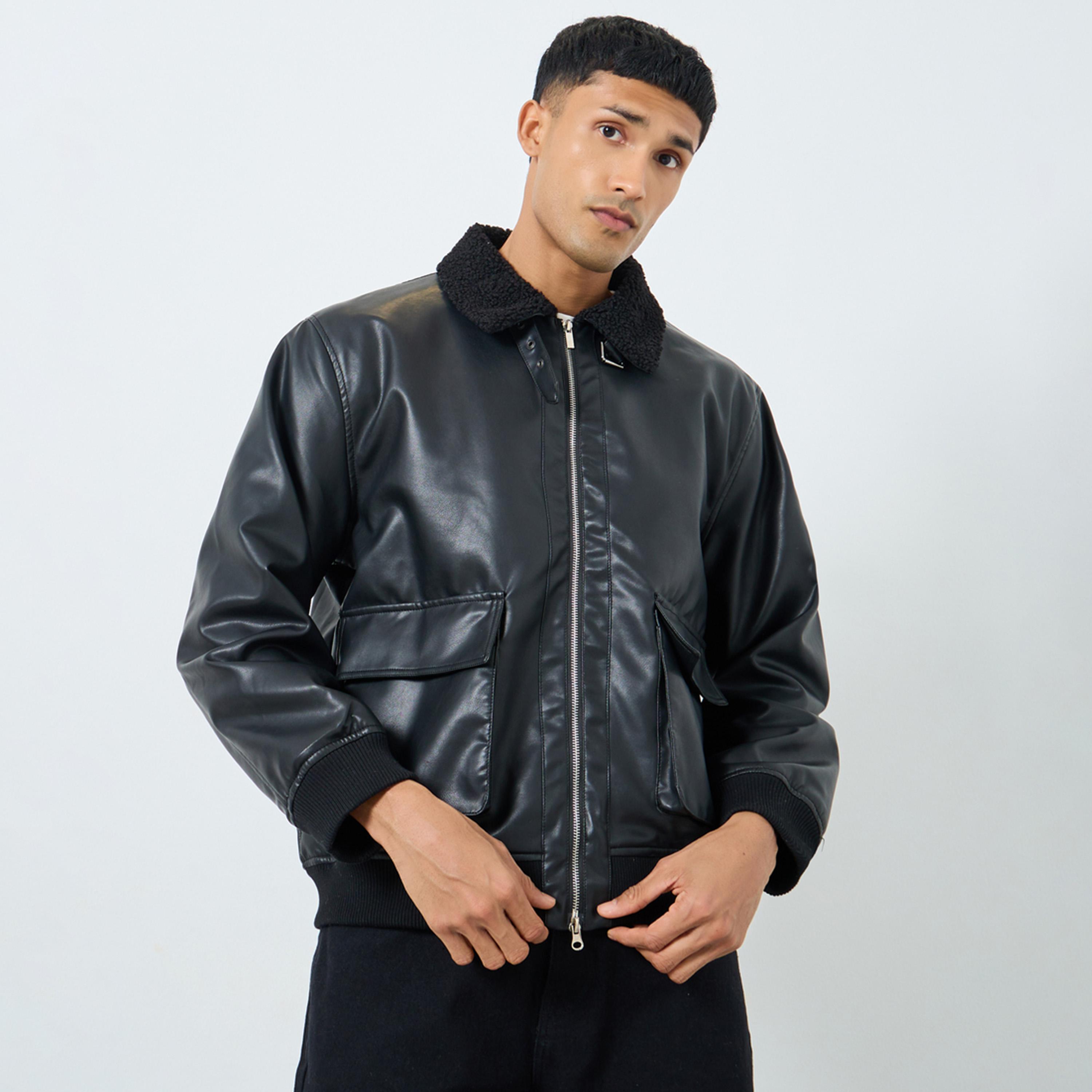 Styli Solid Collared Long Sleeves Men's Zip Through Bomber Jacket-men-winterwear-jacketsandblazers-image-1